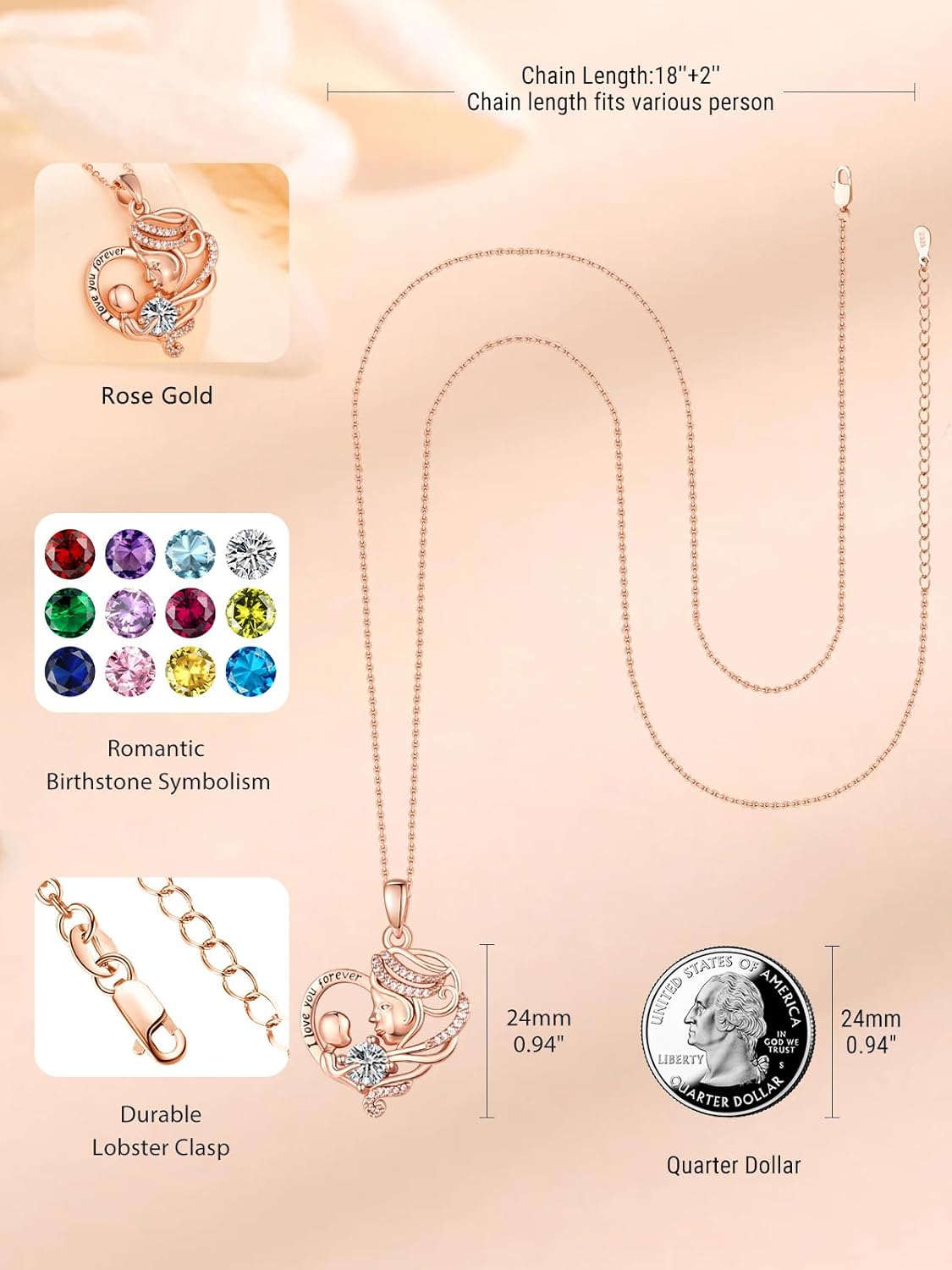 Rose Gold Necklace for Women Mom, Mother Son Forever Love Heart Birthstone Pendant Necklace Jewelry, Mothers Day Birthday Gifts for Grandma Wife - Image 5