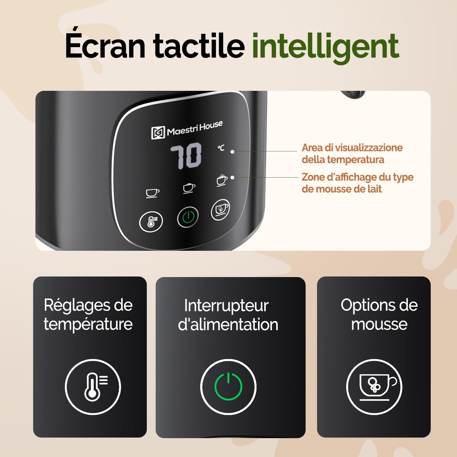 Maestri House Mousseur à Lait 4 en 1, 400 ml Tactile Réglable