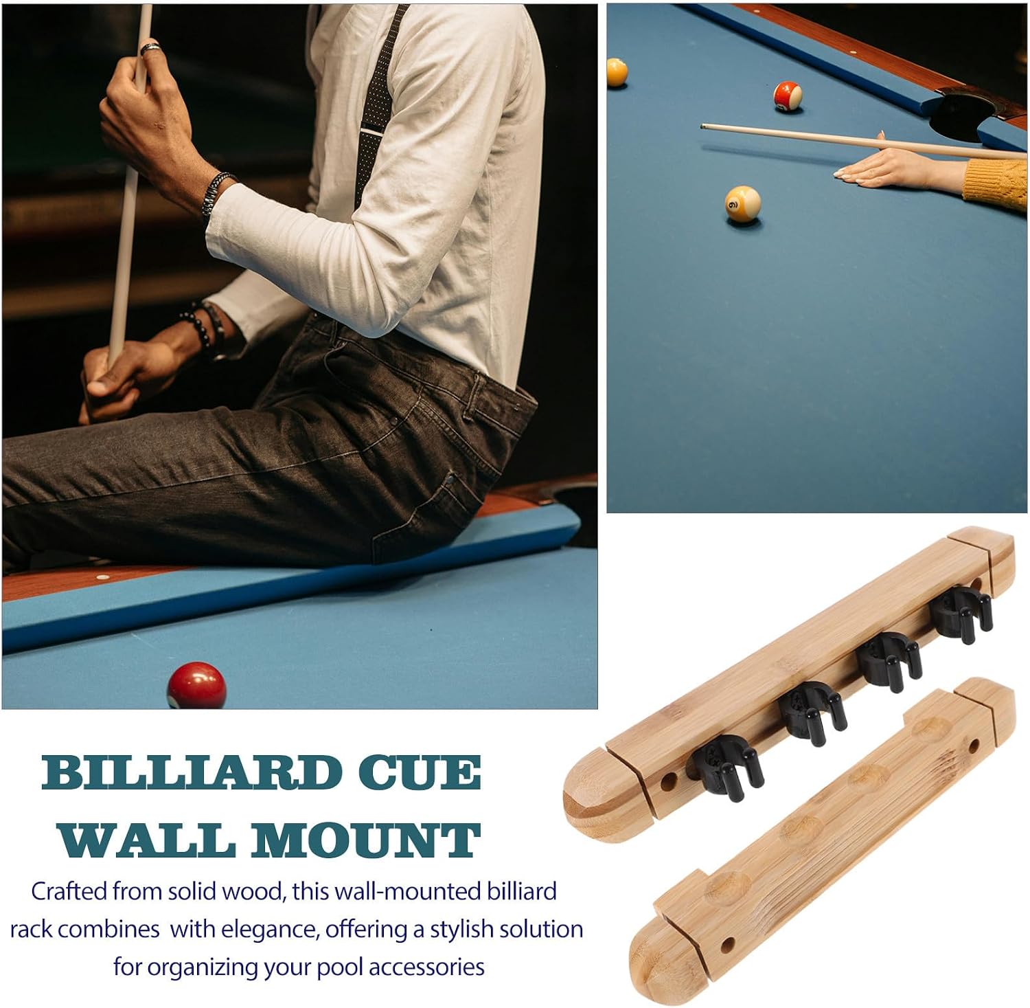 Mikinona Wall Mounted Solid Wood Billiard Cue Rack, 4 Hole Organizer image 3