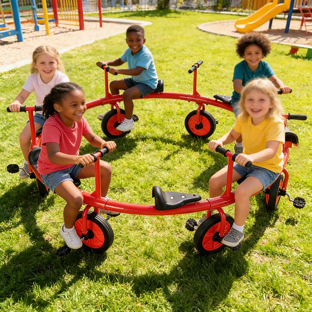 Tricycle Merry Go Round Bicycle for Kindergarten Indoor Outdoor Heavy-Duty Circular Pedal Cart 360 Spin for Kindergarten Playground Daycare,Red,6 People