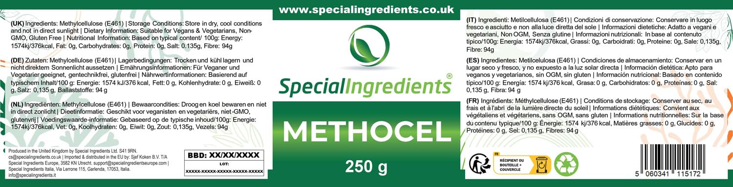 Special Ingredients Methocel Méthylcellulose 250g - Cellulose purifiée pour aliments - Épaississant, agent liant, stabilisant & émulsifiant - Convient aux vegans & végétariens - Emballage recyclable