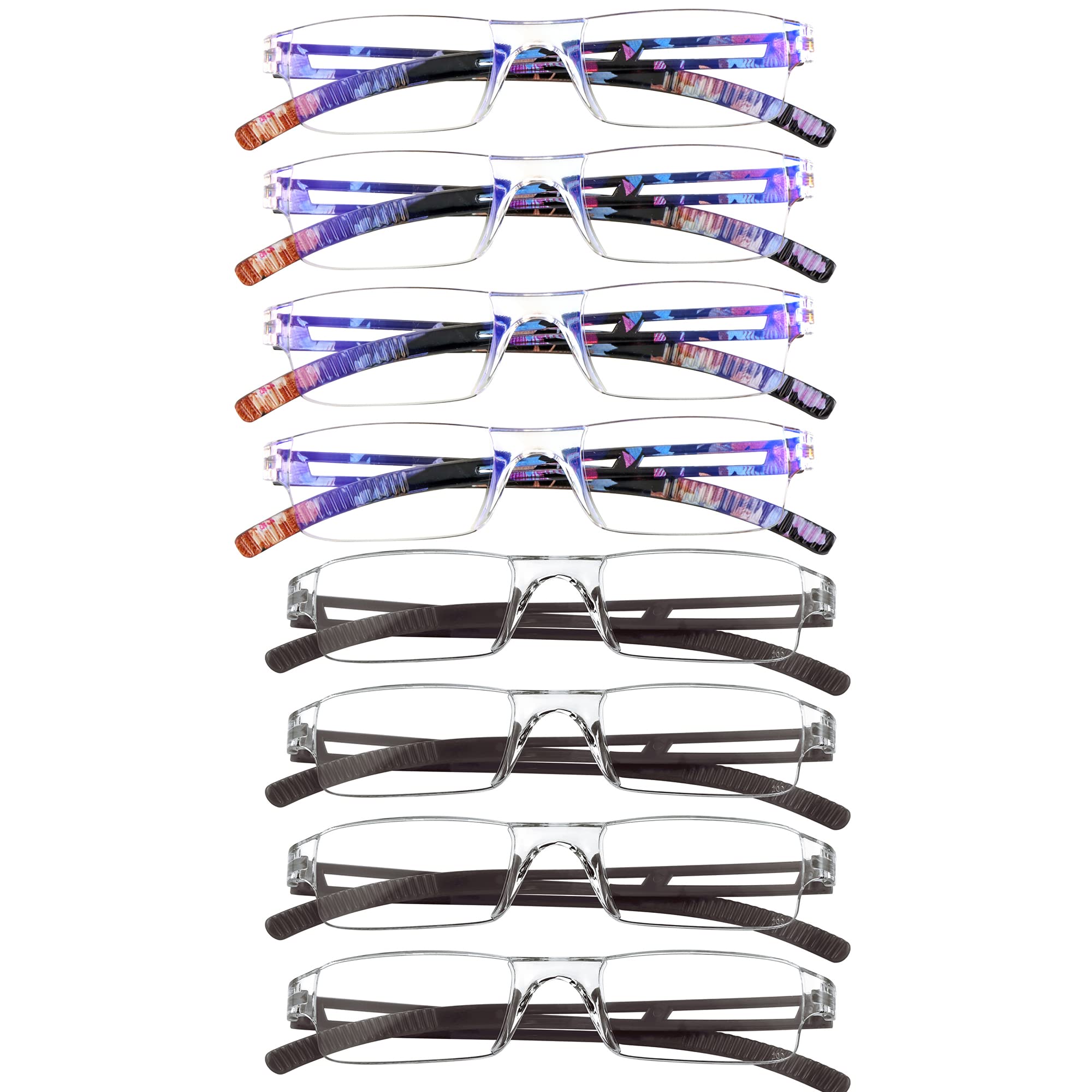 VisionGlobal 8 Pairs Reading Glasses, Blue Light Blocking Glasses, Computer Reading Glasses for Women and Men, Fashion Square Eyewear Frame (