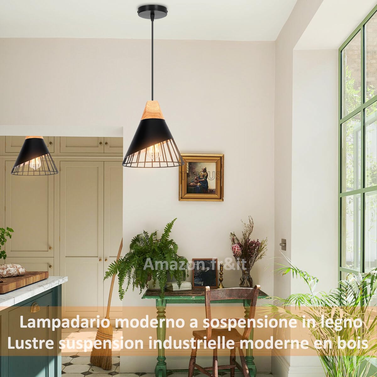 Lampa wisząca Nowoczesny przemysłowy drewniany żyrandol abażur Vintage Metal Kształt Klatka Ø25cm Lampa sufitowa E27 Projekt do kuchni, sypialni salonu (czarny -2 szt.)