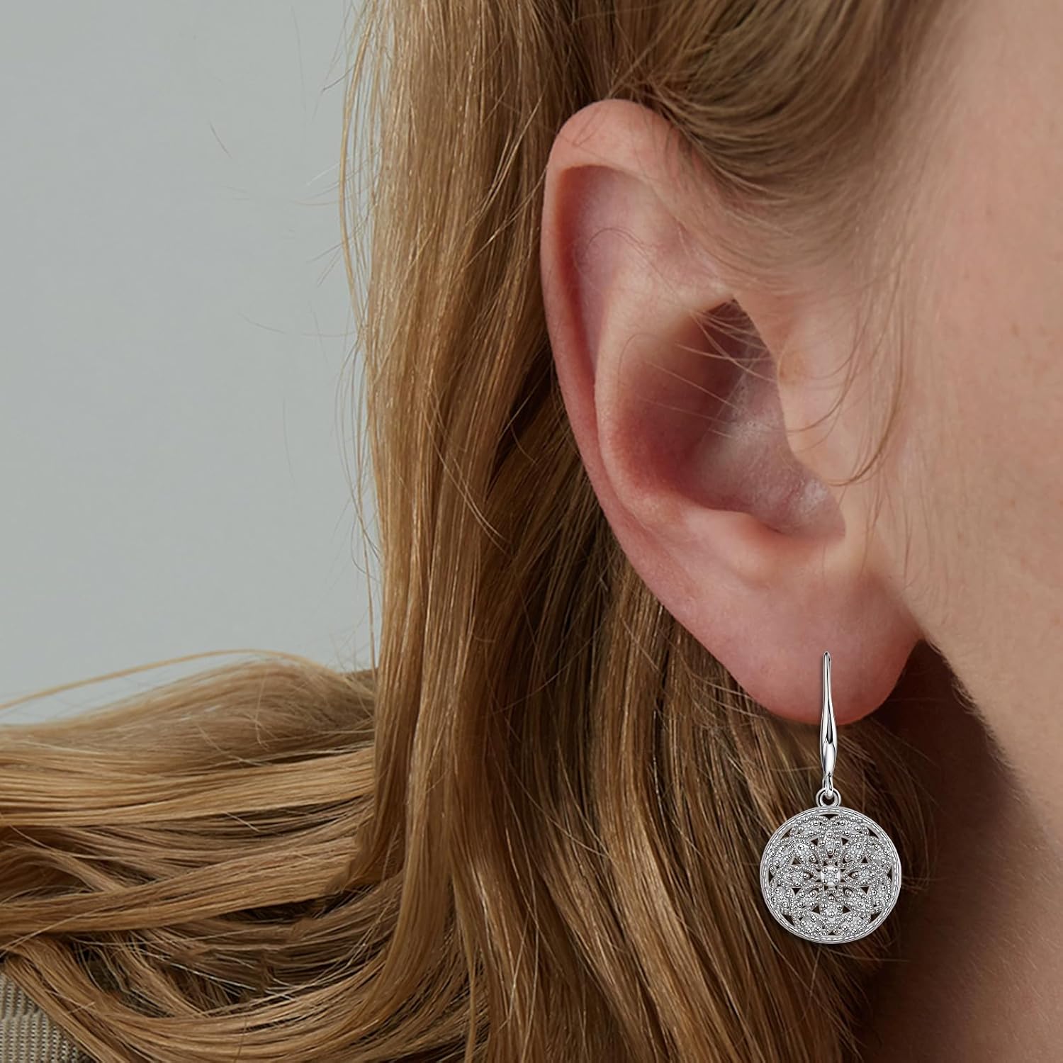 Sterling Silver Filigree Earrings for Women Hypoallergenic Cubic Zirconia Dangle Earrings Vintage Round Dangling Earrings Classic Jewelry Gifts for Wife Mother - Image 5