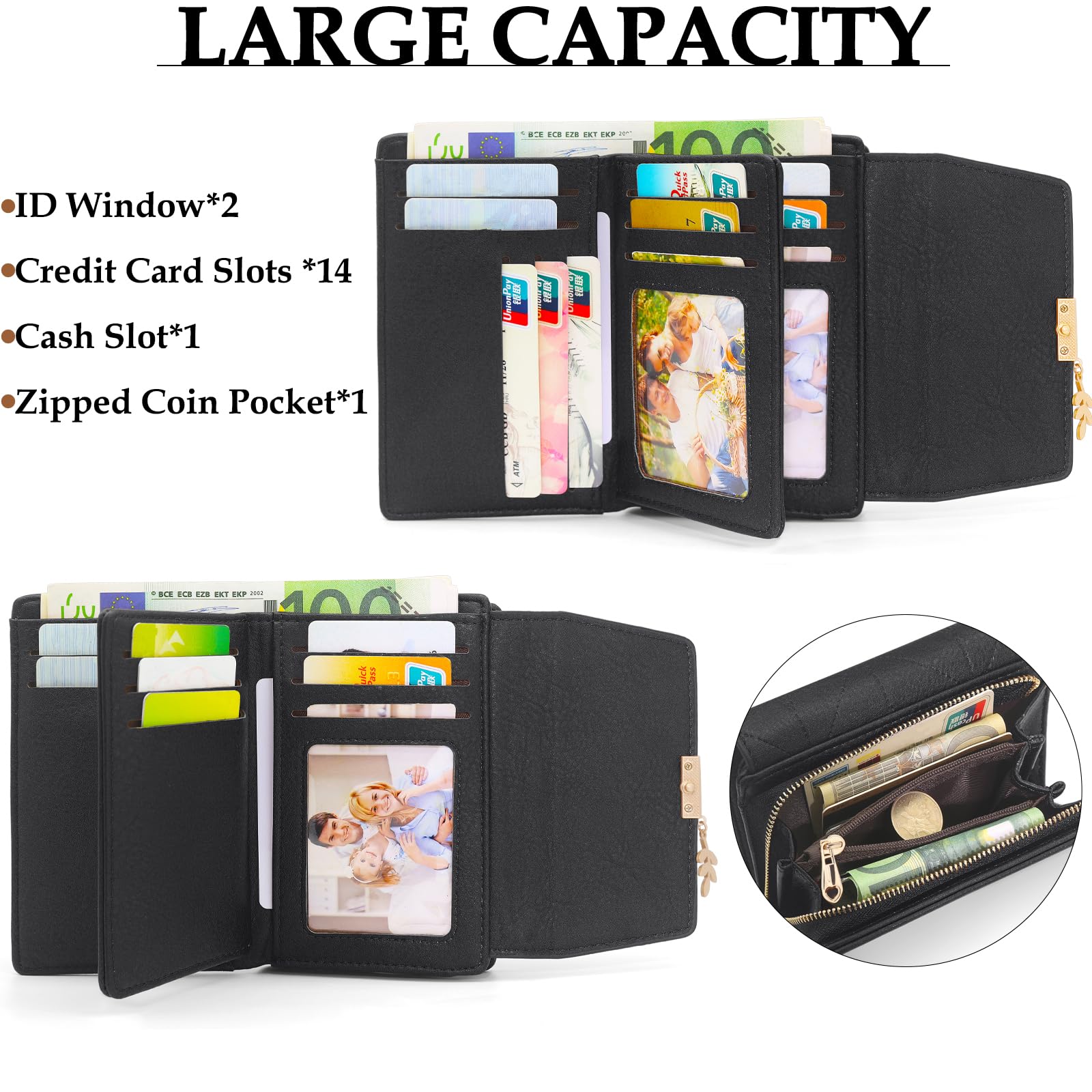 REETEE Porte Monnaie Femme en Cuir PU Rétro Petit Portefeuille Femme Blocage RFID Porte Feuille pour Femme, Portefeuilles avec 16 Emplacements Cartes et Fermeture éclair Poche à Monna (Noir)