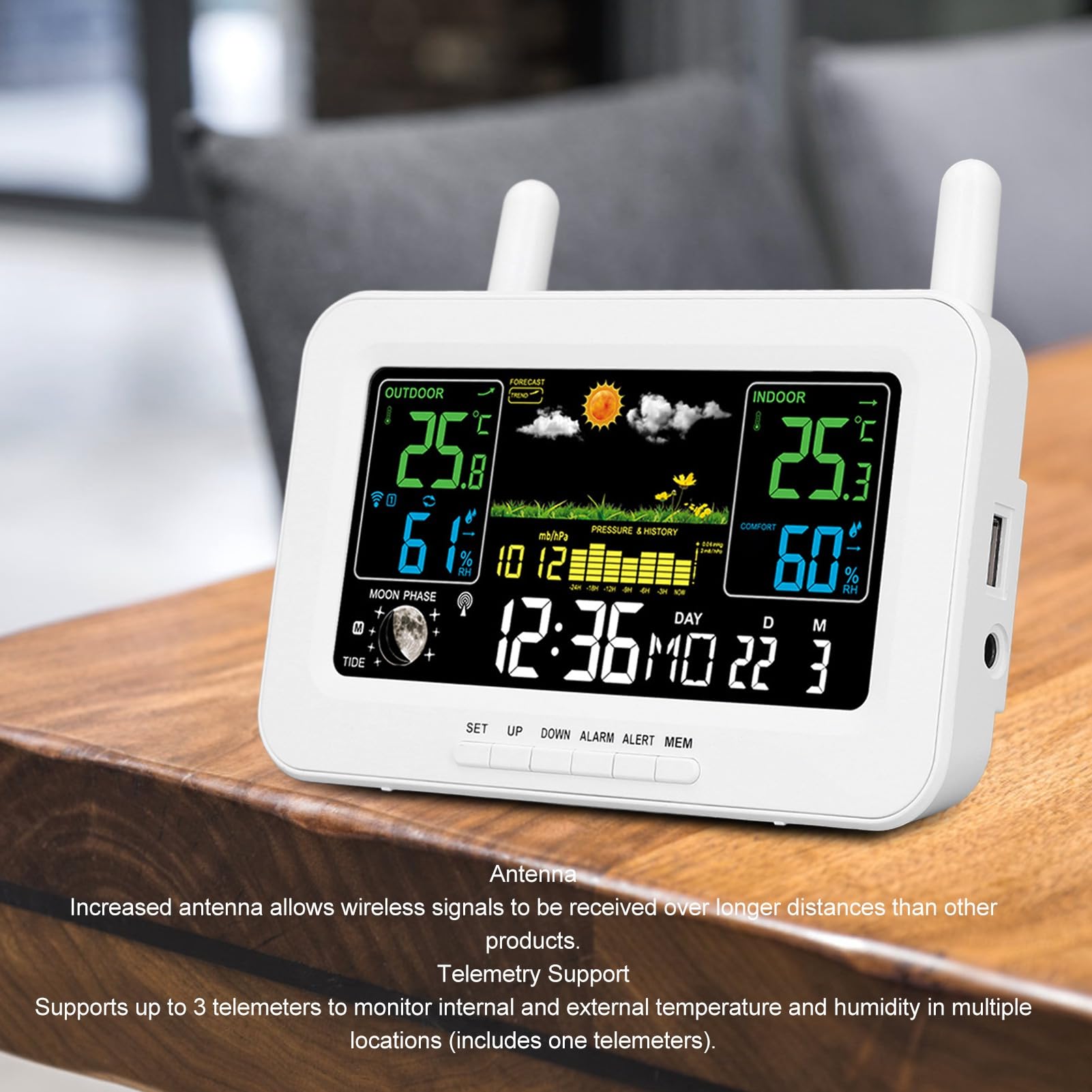 Temperatura y Humedad Interior y Exterior Fáciles de Leer, Alertas Personalizables, Hora, Fecha, Alarma, Repetición de Alarma, Fase Lunar, Presión Barométrica, índice de (Enchufe
