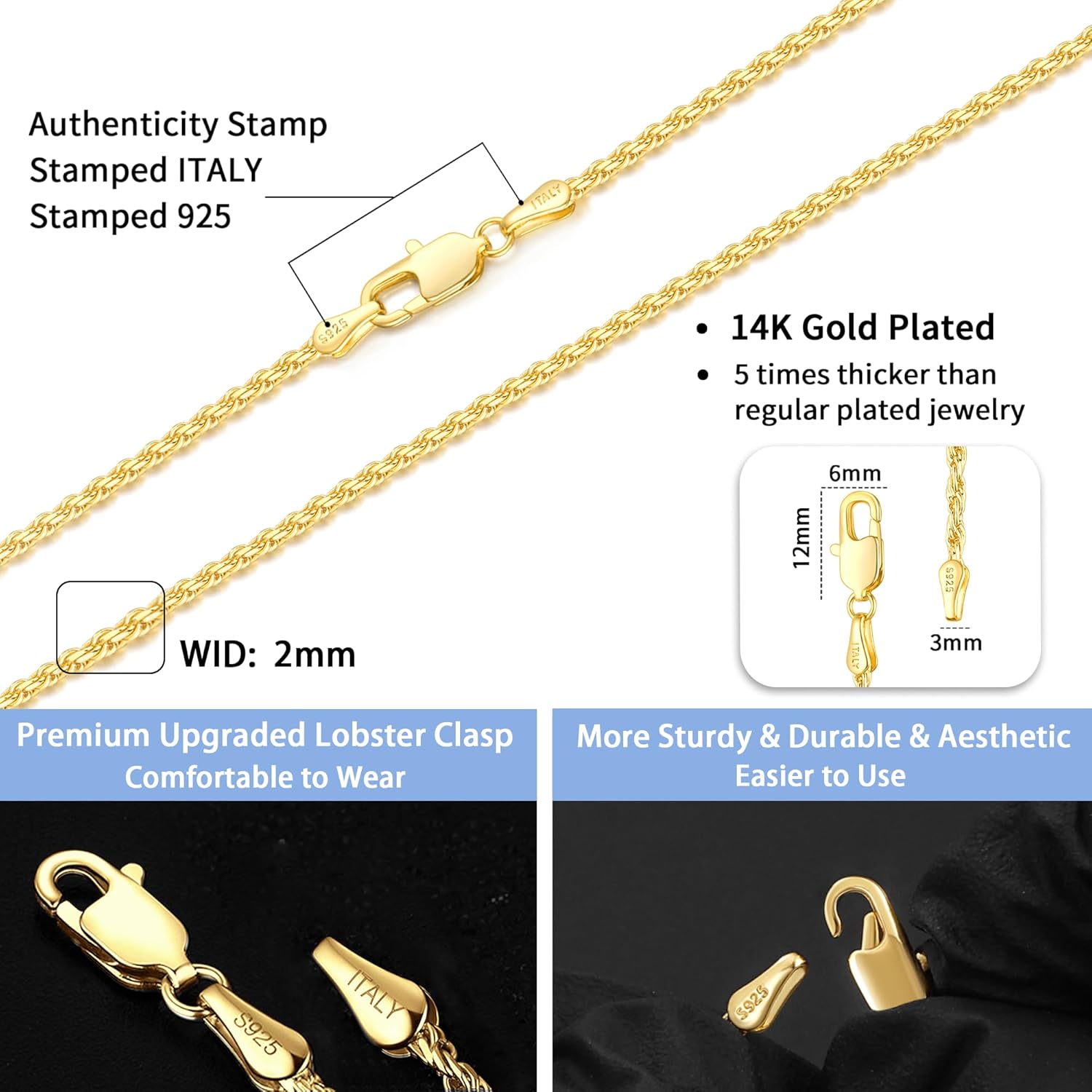 Jewlpire 2mm Rope Chain 14K Gold Plated 925 Sterling Silver Chain Necklace for Women, Shiny & Sturdy & Comfortable Womens Chains Necklaces, 16 18 20 22 24 26 Inch - Image 3