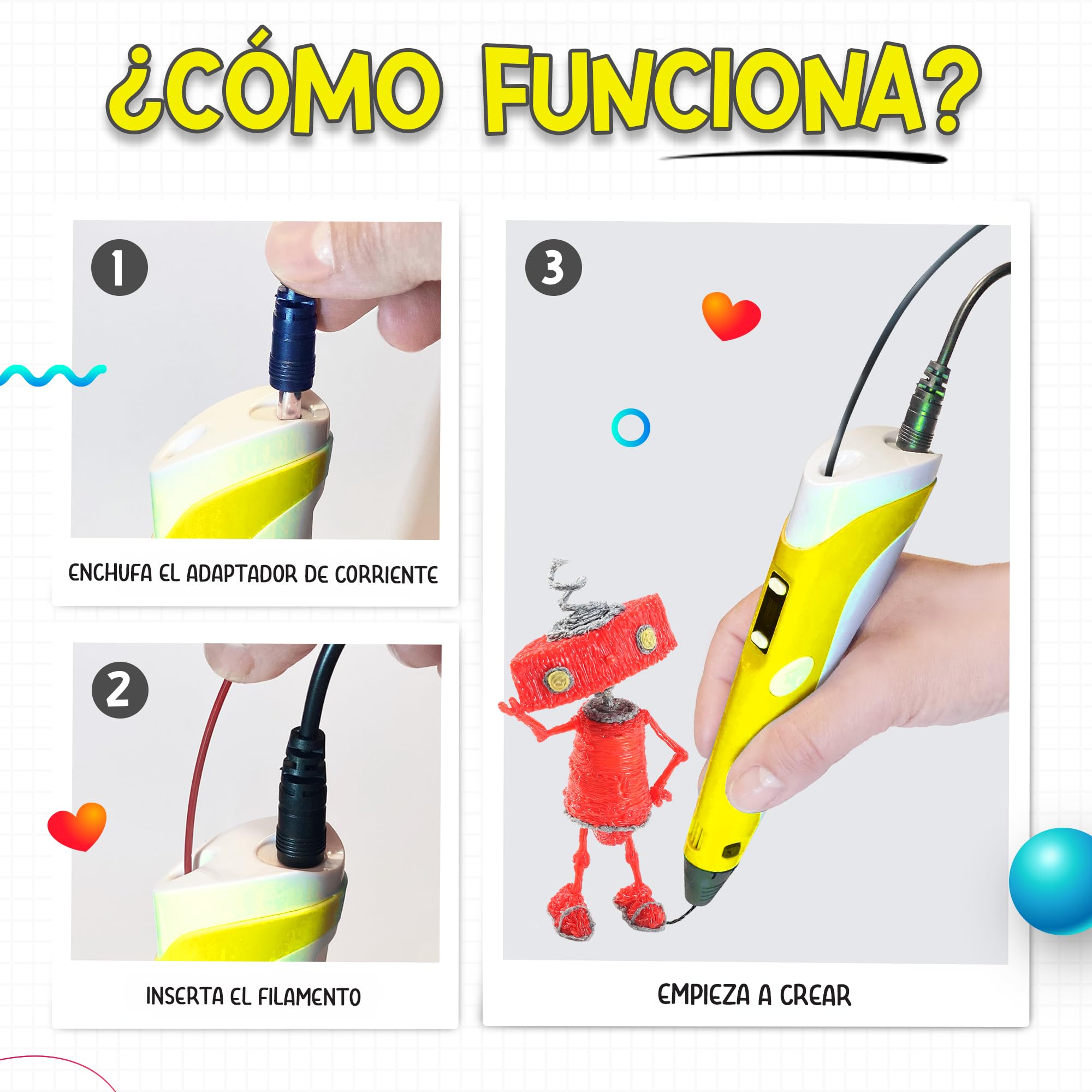 The Italian Home® Boligrafo 3D niños + Instrucciones en español y guía ilustrada de Regalo + 60m 20 Colores Filamentos PLA (4 Fluorescentes) - boli 3D, Lapiz 3D, boligrafo 3D para niños