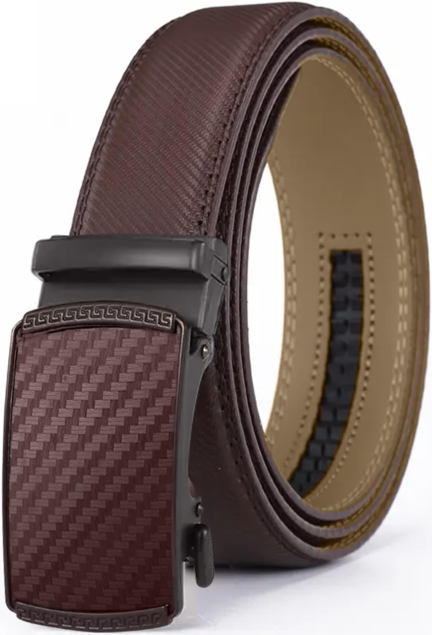 WRODEN Leather Belt for Men - Genuine Leather Belt with Automatic Sliding Ratchet Buckle - Holeless Belts for Men’s Pants/Jeans (Brown - Carbon Fiber, 36" - 44" Waist Adjustable (Large/Extra-Large))