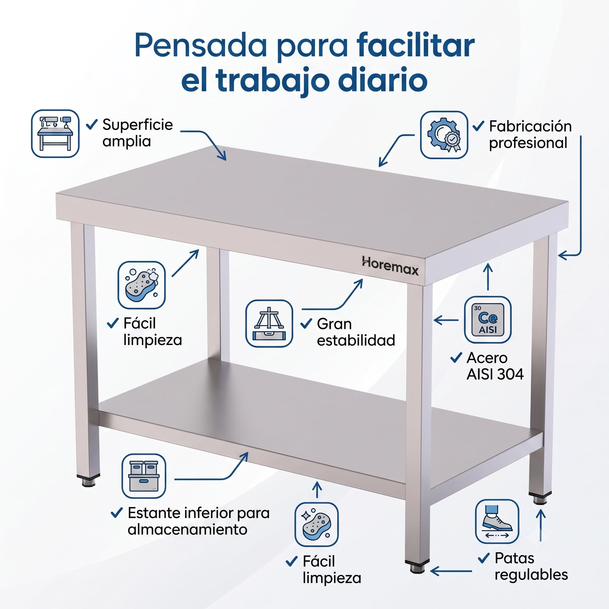 Mesa de Trabajo Central para Cocina Profesional, Acero Inoxidable AISI 304, Estante Inferior y Patas Regulables, 150 x 70 x 85 cm