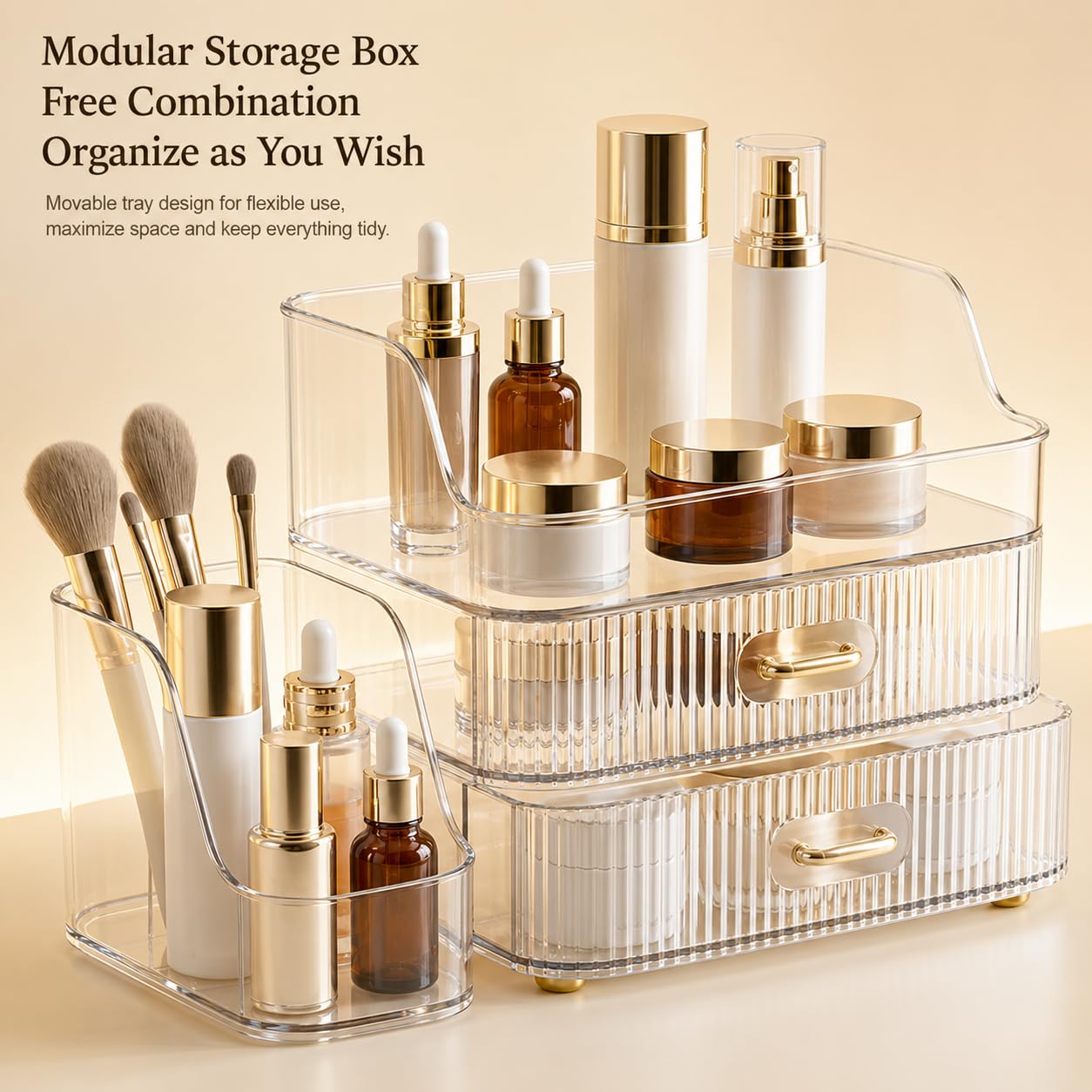 Organizador de maquillaje acrílico transparente con 2 cajones, caja de almacenamiento de cosméticos, 27 x 18,2 x 19 cm