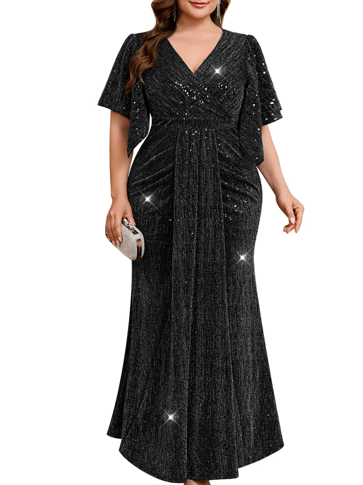 TIARALY Plus Size Formal Gown Black Tie Dress Sequin Ruched Draped Sparkly Cocktail Wedding Prom Gala Evening Holiday