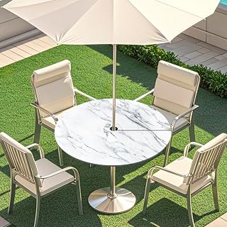 Highdi Runde Tischdecke Outdoor mit Schirmloch, Elastisch Mármol Druckbar Gartentischdecke Rund wasserdichte Table Cloth für Picnic, Patio,Garden, Ideal für 90cm-110cm