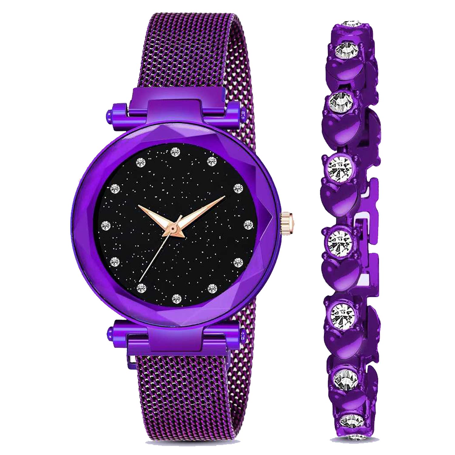 SWADESI STUFF Multicolor Metal Strap Magnet Analogue Watch & Diamond Bracelet Combo For Women & Girls (Purple) (B097YG7Z9V) Amazon Price History, Amazon Price Tracker