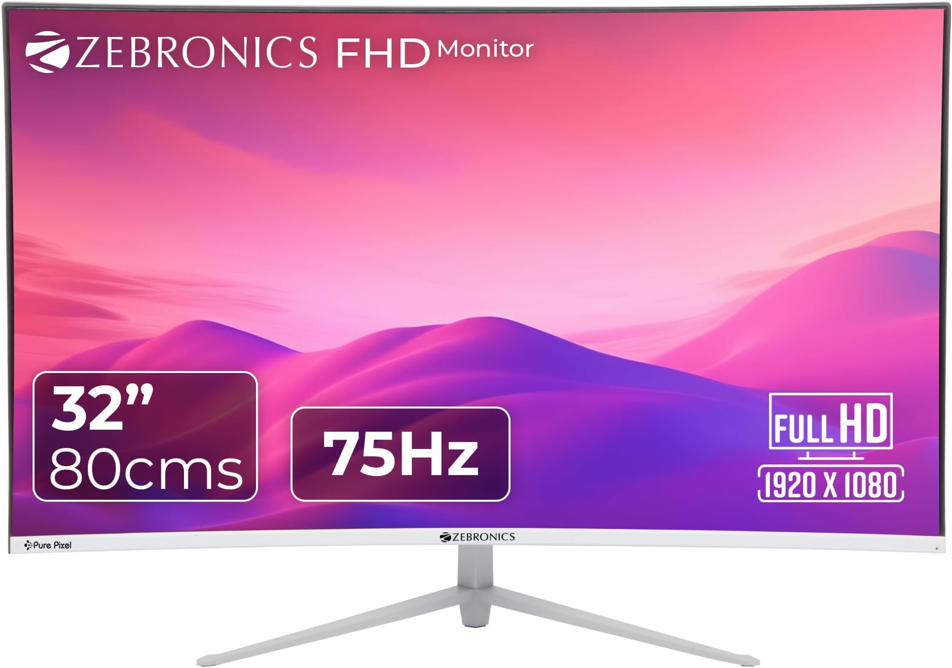 Zebronics ZEB-AC32FHD Curved Ultra Slim LED Monitor with 80cm (32”) Wide Screen, Full HD 1920x1080, 75Hz Refresh Rate, HDMI, VGA, 250cd/m² Brightness, Built in Speaker and Wall mountable