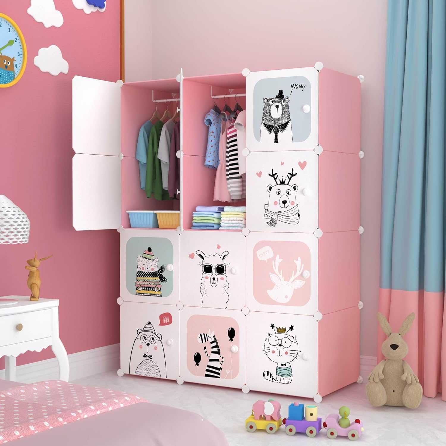 Sunderlook Plastic Wardrobe for Kids Clothes – Collapsible Wardrobe, Easy to Use Anti-Skid & Non-Slip Effective Professional Foldable Plastic Cupboard for Kids, Home (Pink-KTJ2, 12 Door)