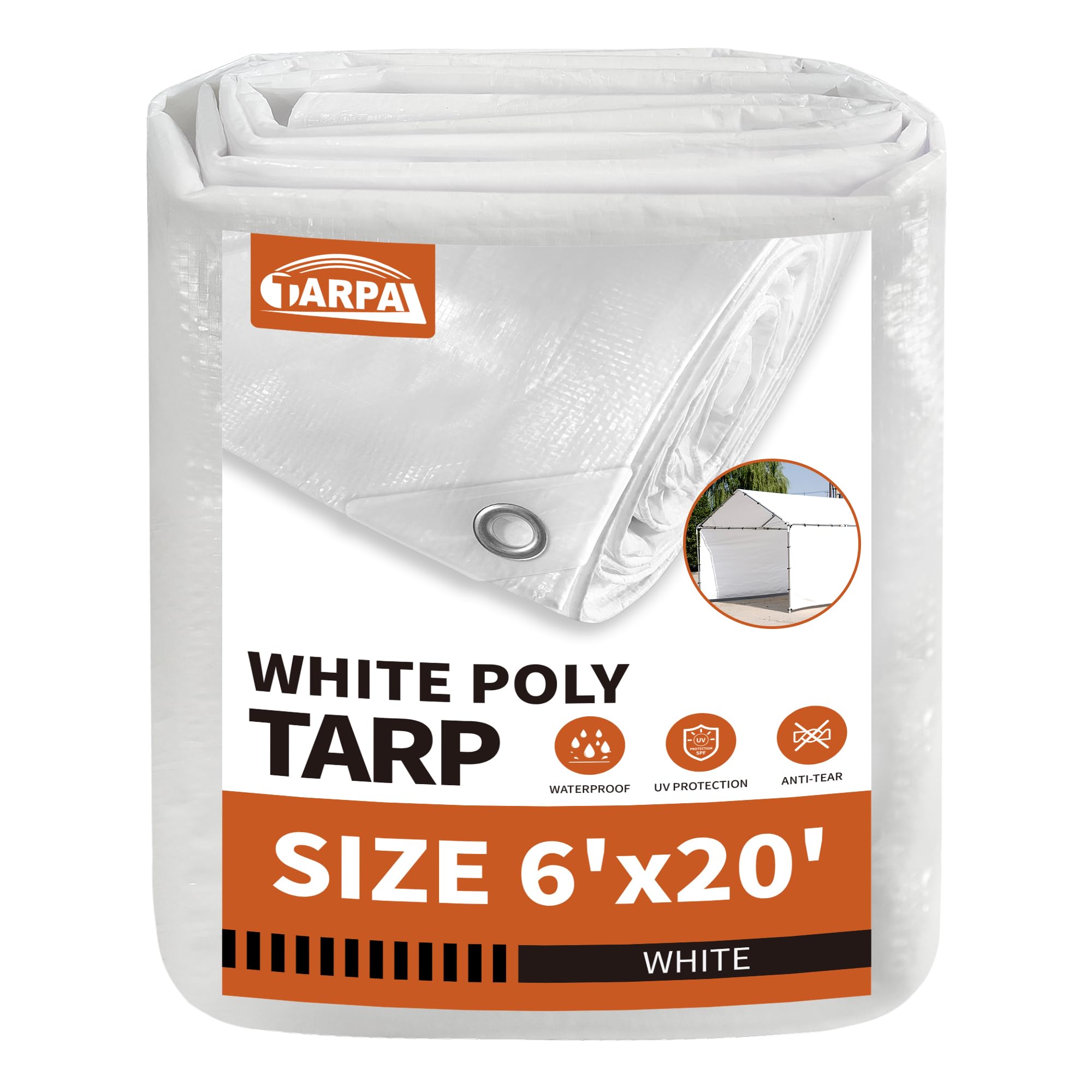 TARPAL 6'x20' White Tarp Waterproof 7.5 mil Medium Duty All Purpose Poly Tarps Cover Waterproof,Snow Proof UV Protection,Rip and Tear Proof,Poly