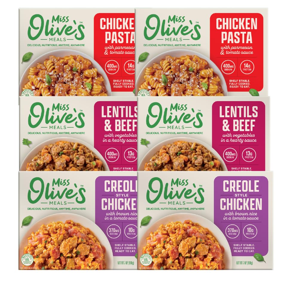 Miss Olive’s Protein Pack – Shelf-Stable Microwavable Ready Meals (6 Pack) – Chicken Creole, Lentils & Beef, Chicken Pasta Parmesan – Fully Cooked Heat & Eat Meals
