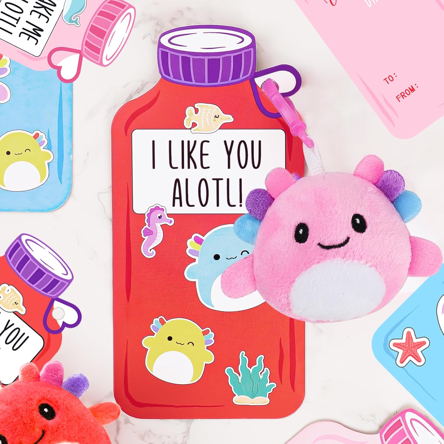 ORIENTAL CHERRY Valentines Day Gifts for Kids - 24 Pack Axolotl Plush Toys Keychains with Valentine Gifts Cards for Boys Girls Toddlers Friends Classroom School Exchange Party Favors - Image 4
