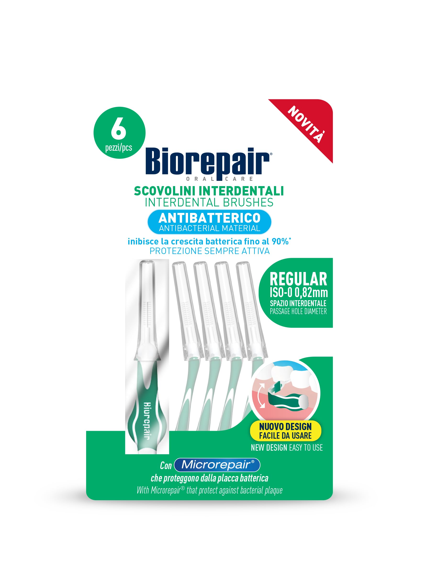 Biorepair, Scovolini Interdentali Regular, Spazio Interdentale 0,​82mm, Protezione Antibatterica Sempre Attiva, Facile da Usare, Con Microrepair, SCP, 1 Confezione da 6 Pezzi