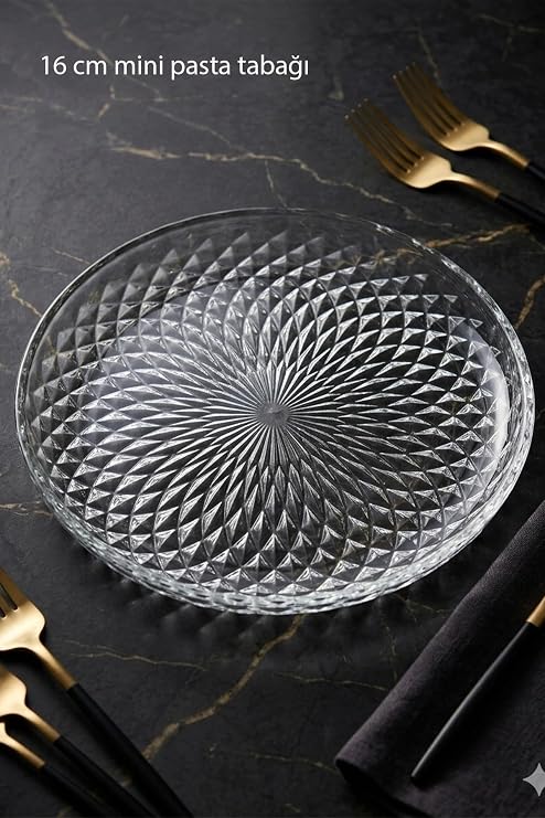 Zerina Mini Tatlı/Pasta Cam 16 cm Dik Kenar Sunum Tabağı-6'lı