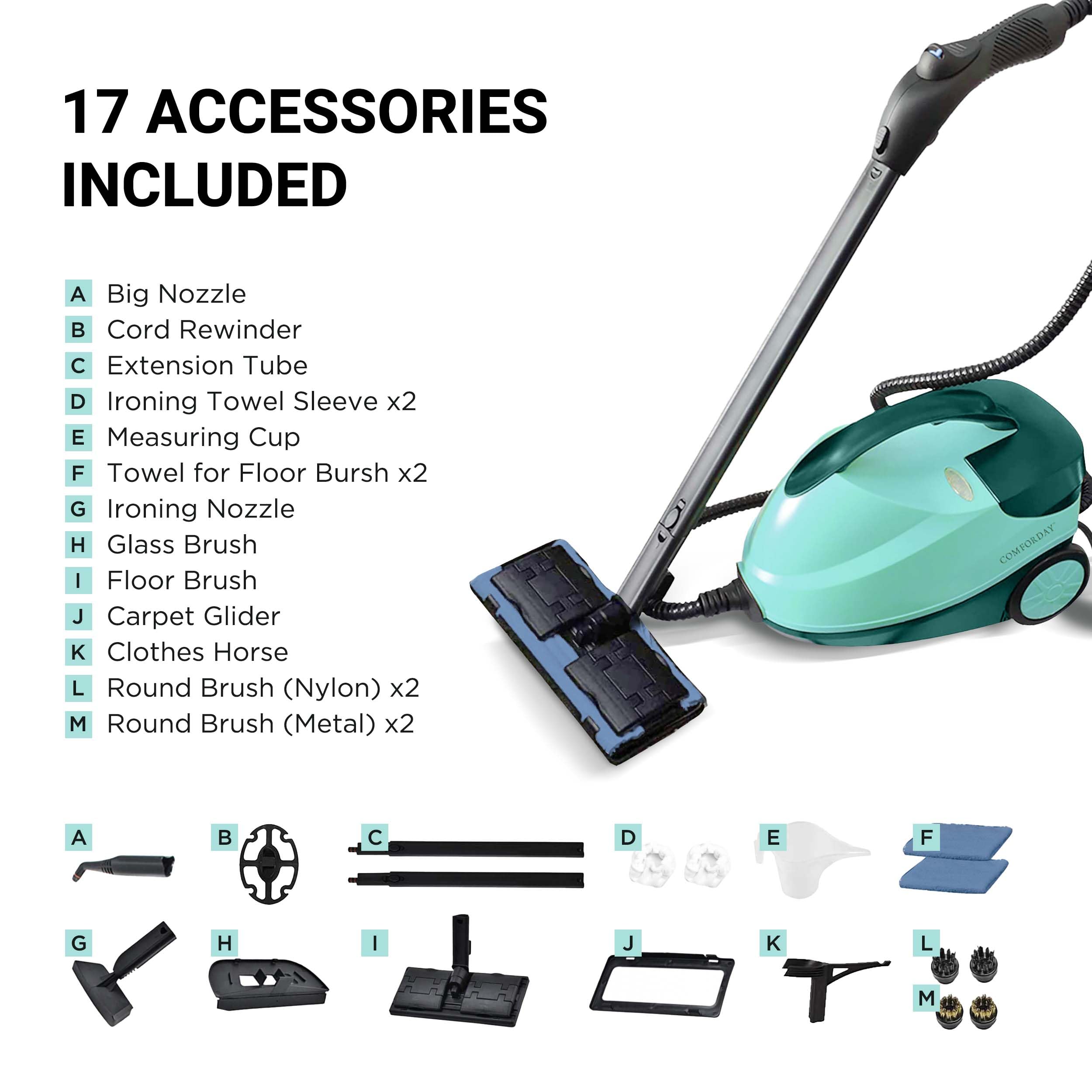 Comforday Limpiador a Vapor de 2000 W con 17 Accesorios, Tanque de 1,5 L (51 Oz) y Cable de 3 M – Ideal para Limpiar Pisos, Cocinas, Ventanas, Hornos y Automóviles