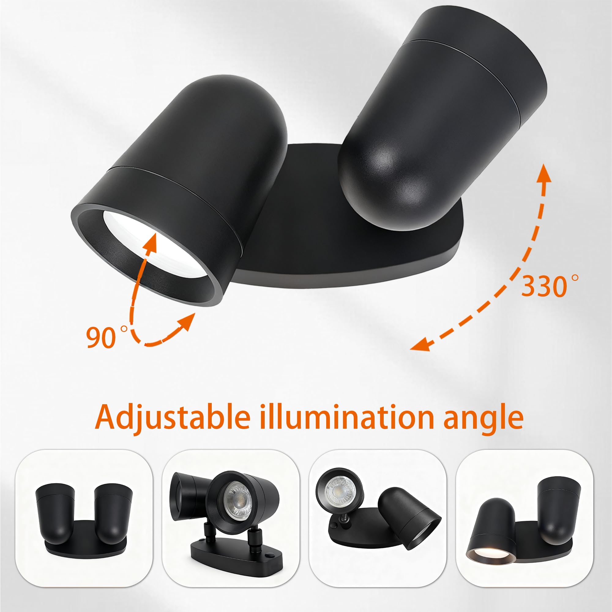 JNR Aussenlampe Wand, Doppel Strahler 330°Schwenkbar, Schwarz 2 Pack | Einstellbarer Beleuchtungswinkel, IP65 Wasserdichte 230V Aluminium Außenlampe, 2*5W GU10 3000K LED Glühbirne Wandleuchte