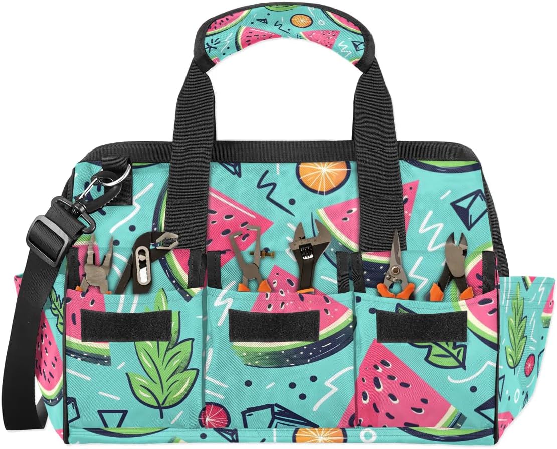 15 Inch Tool Bag 14-Pockets Tool Box Organizer for Men Watermelon Watercolor Tool Tote Bag Waterproof Toolbox with Shoulder Strap Heavy Duty Garden Tool Organizer for Mechanic