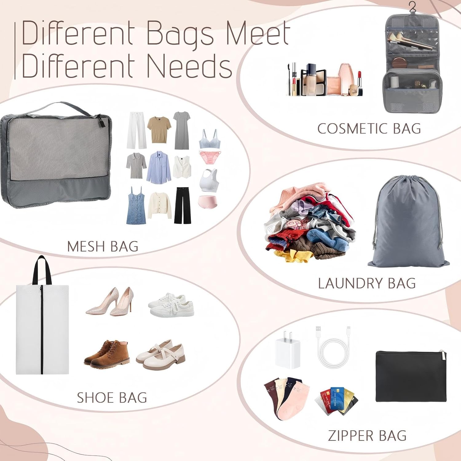 9 Pcs Packing Cubes Set for Travel with Waterproof Clothing Cubes Toiletry Shoe Laundry Jewelry Bag for Women Men(Light Gray)