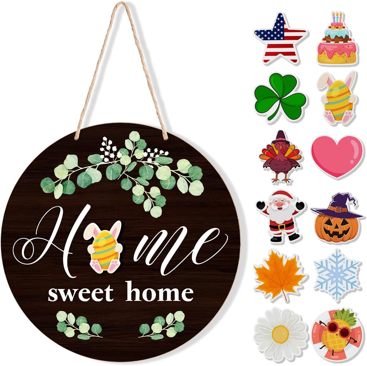 Interchangeable Welcome Sign Valentine's Day Front Porch Decor, Rustic Round Wood Wreaths Wall Hanging Door Decoration, Home Sweet Home Sign for Spring Summer Fall Winter All Seasons Holiday