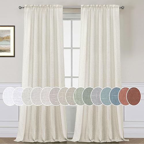 Linen Curtains Elegant Natural Linen Blended Curtains Energy Efficient Light Filtering / Rod Pocket Window Treatments Panels / Drapes for Livingroom (Set of 2, Ivory, 52 inch W X 96 inch L)
