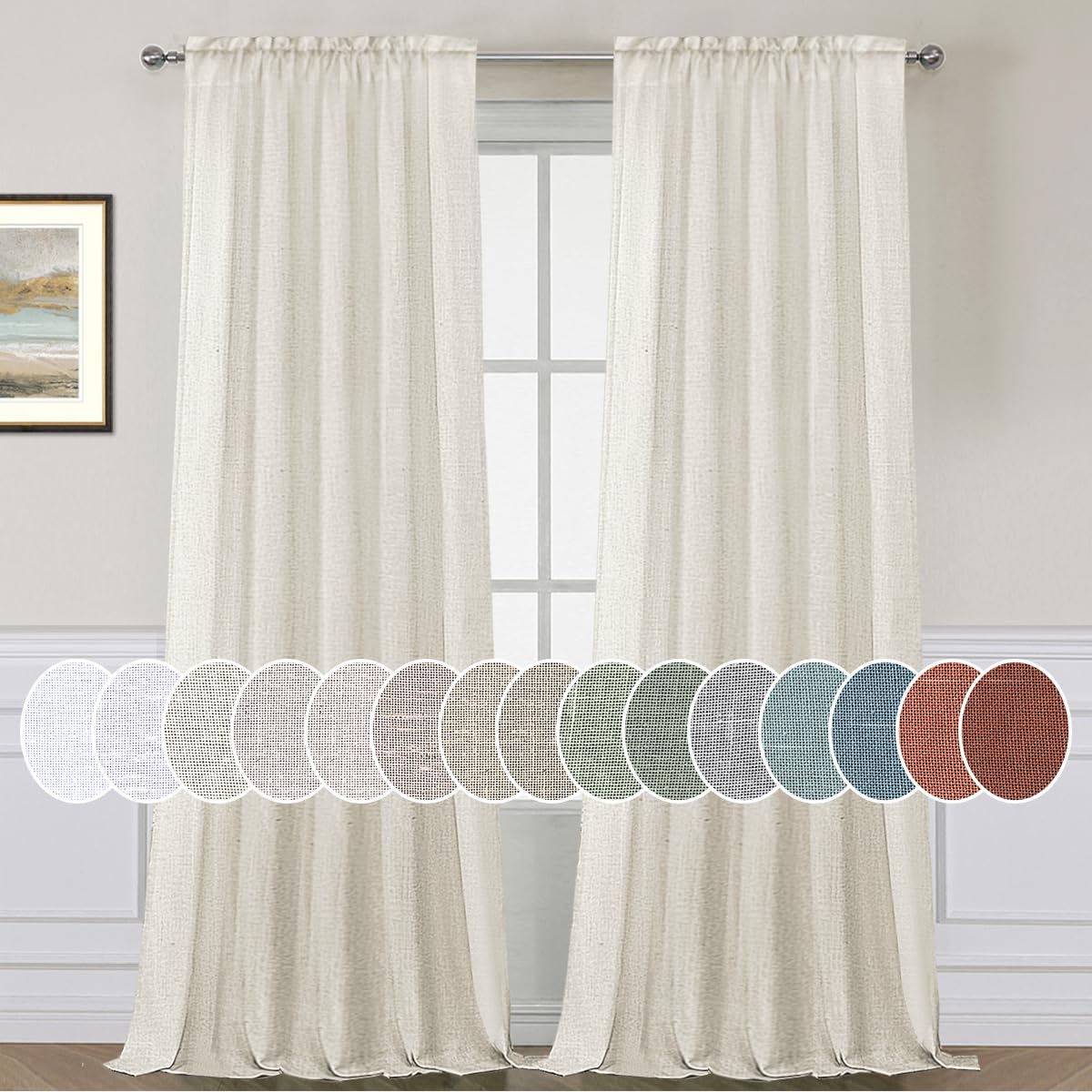 Cortinas con textura de lino con filtrado de luz, tratamiento de ventana, privacidad añadida, cortinas / paneles / tratamiento, bolsillo para barra, natural y duradera, 2 paneles