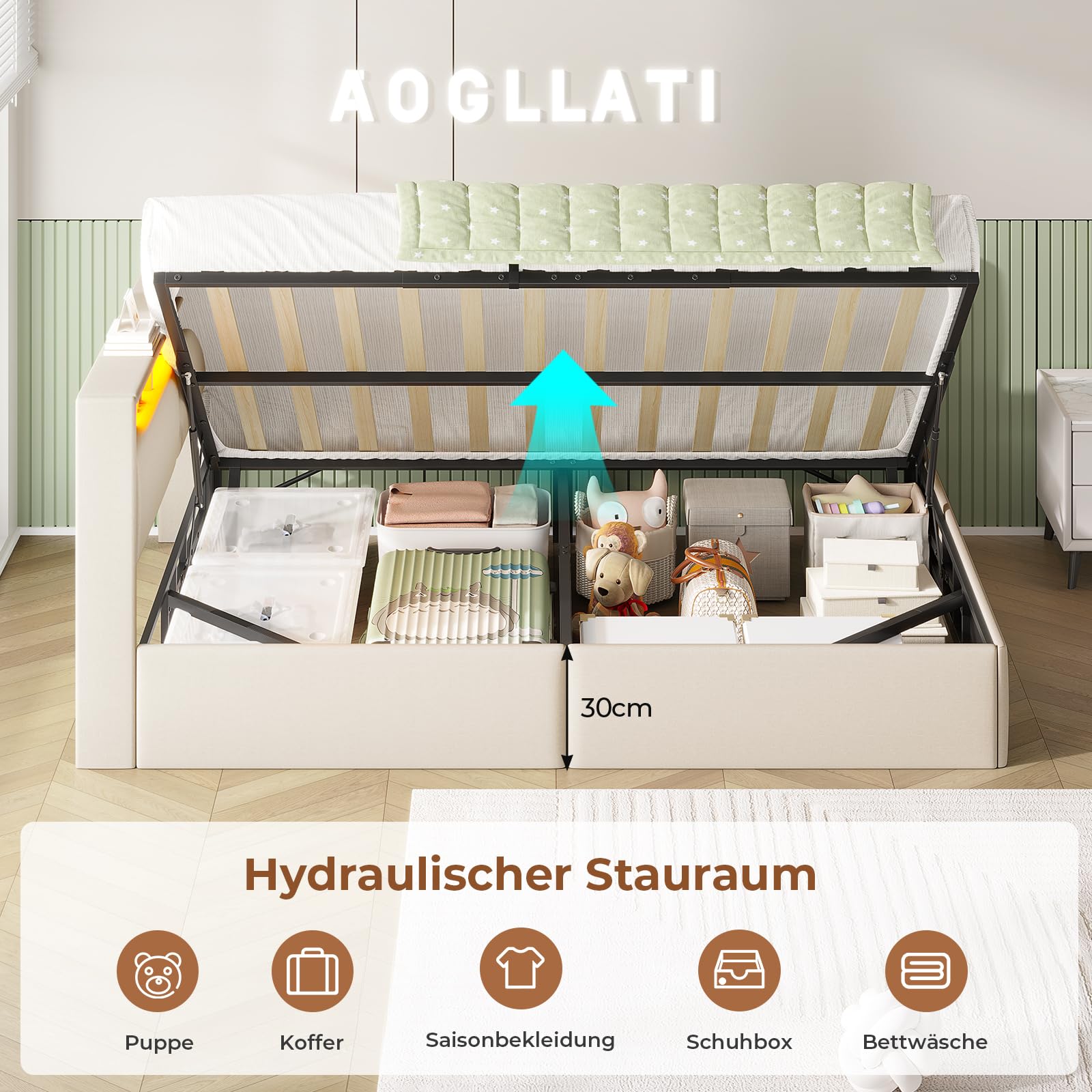 AOGLLATI Polsterbett Schlafsofa 140x200 mit USB-Steckdosen & hydraulischem Stauraum, Betten 140x200 mit LED-Kopfteil & Lattenrost, Kinderbett Tagesbett, Doppelbett, Leinen, Beige (ohne Matratze)