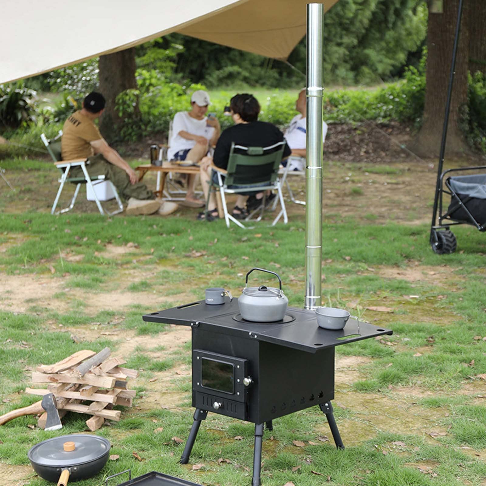 Zeltofen Campingkocher Tragbarer Holzofen für Camping, Zelt Holzofen mit 3 Schornsteinpfeife Holzofen Campingofen Hobo Kocher für Camping Grillparty Wandern Reisen Rucksackreisen(Color:Steel Pla