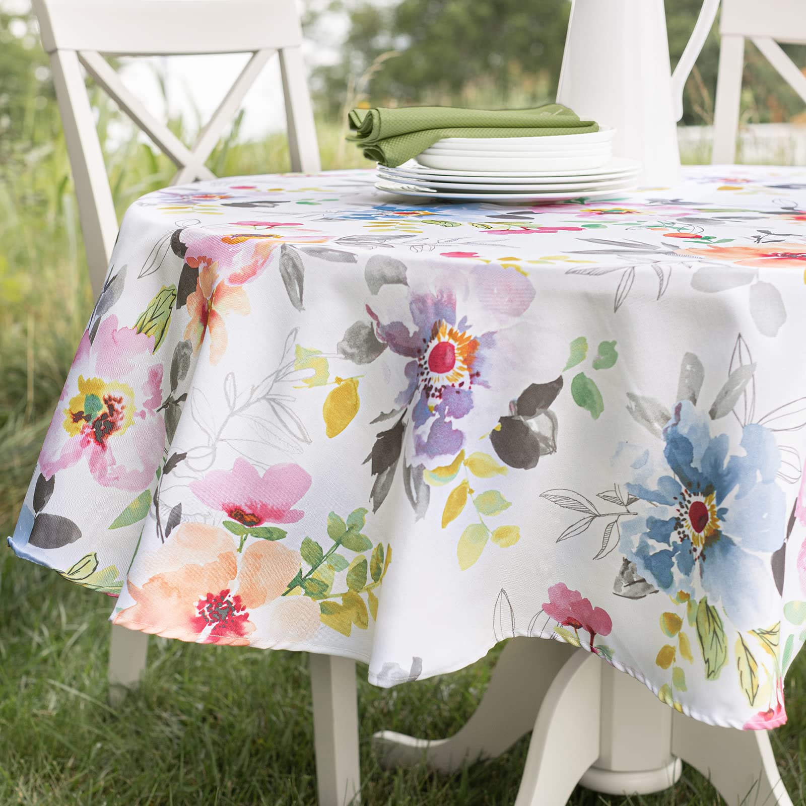 Benson Mills Spillproof Floral Spring/Summer Heavyweight Fabric Indoor Outdoor Tablecloth, Outdoor Table Cloth for Round Tables, Picnic/Patio Table Covers (Harper, 70" Round)