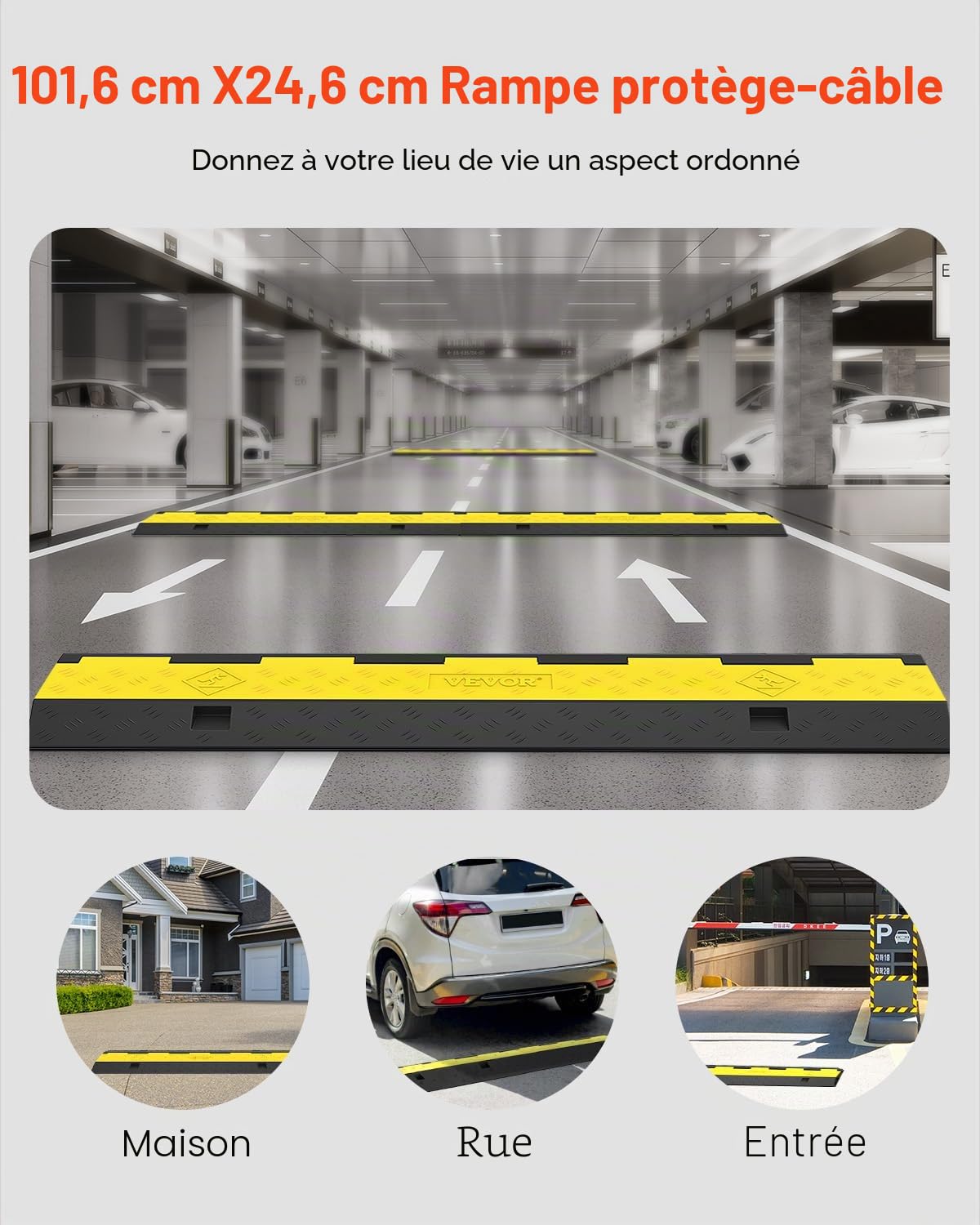 VEVOR Rampes Protection Câble 2 Canaux 5 T 3PCS 101x24,5x5 cm Passage Câbles Protecteur PVC Caoutchouc Capacité de Charge 4989 kg Canal 3,2x3,1 cm pour Protéger Câbles d'Alimentation des Sols Parking