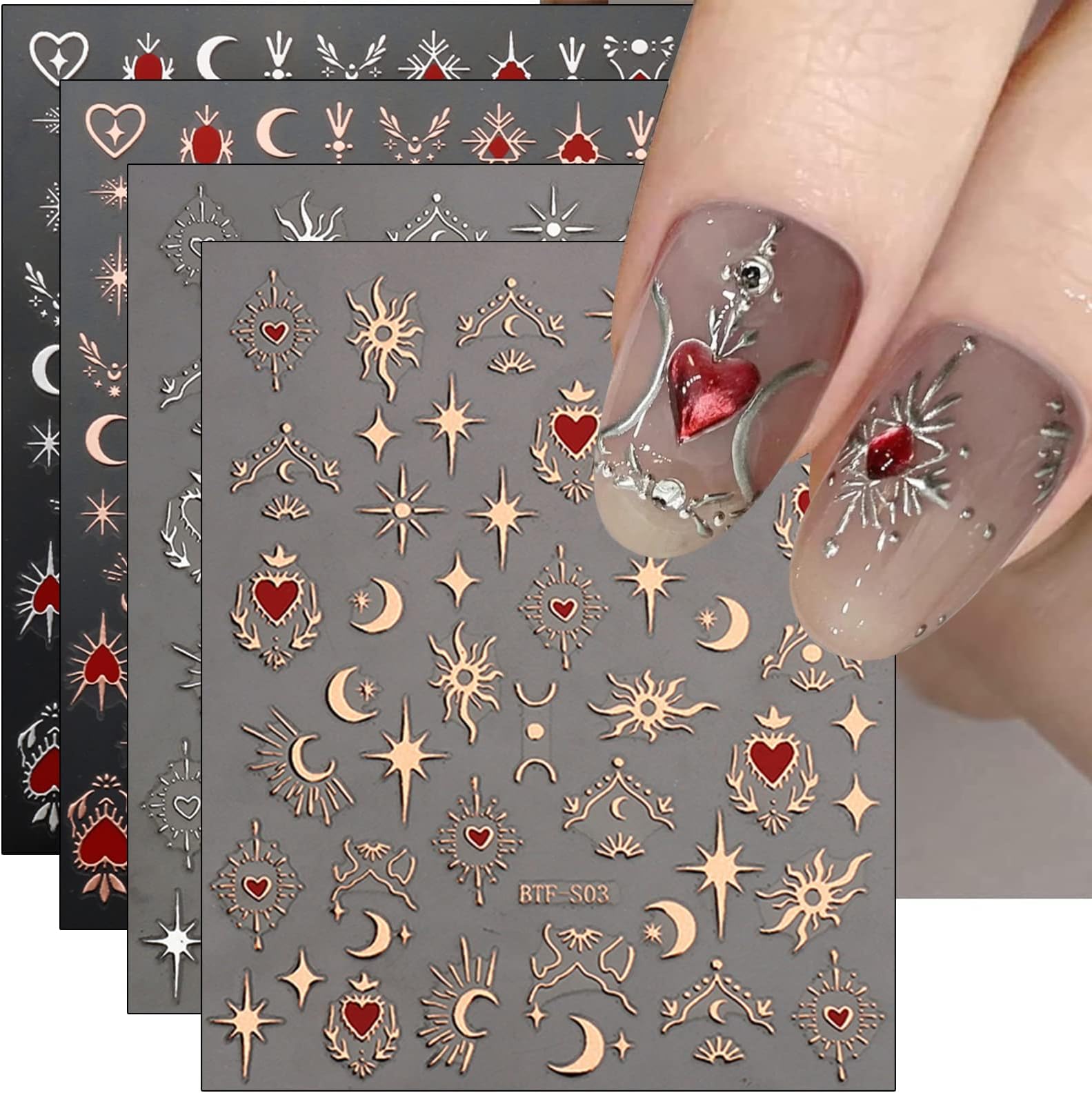 jmeowio 9 Sheets Moon Star Nail Art Stickers Decals Self-Adhesive Sun Nail Supplies Nail Art Design Decoration Accessories
