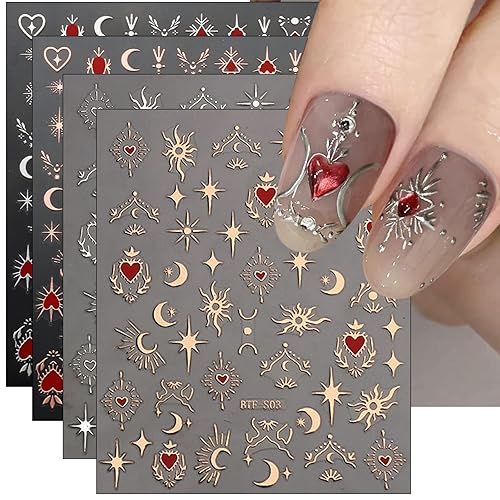 JMEOWIO 9 hojas de calcomanías de arte de uñas de luna y estrella, autoadhesivas, pegatinas para uñas, suministros de arte de uñas, diseño y