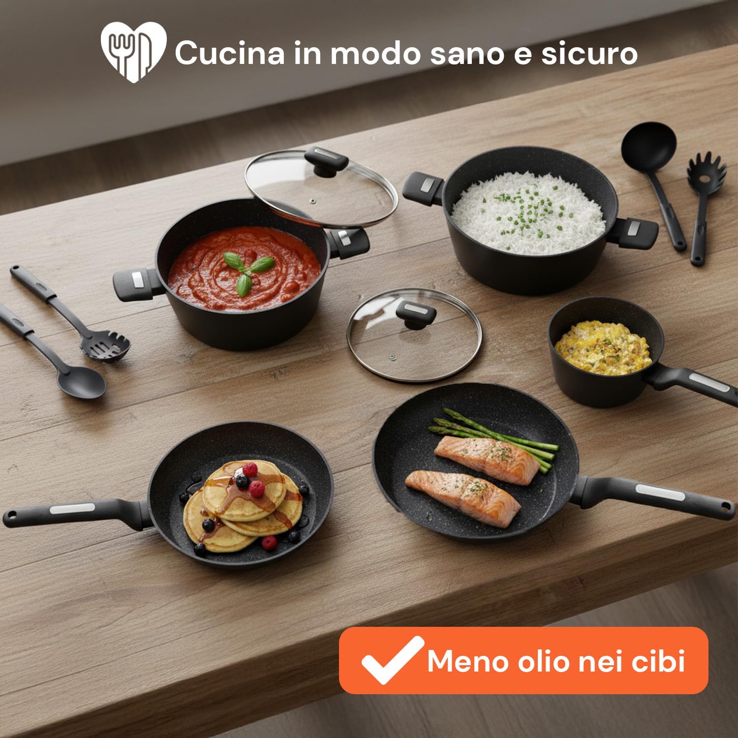 Wintem - Batteria Pentole e Padelle 13 Pezzi Antiaderenti nere per Cucina Moderna e Tradizionale Compatibile con Piano a Induzione, Rivestimento in Alluminio, Coperchi in Vetro e Manici Ergonomici