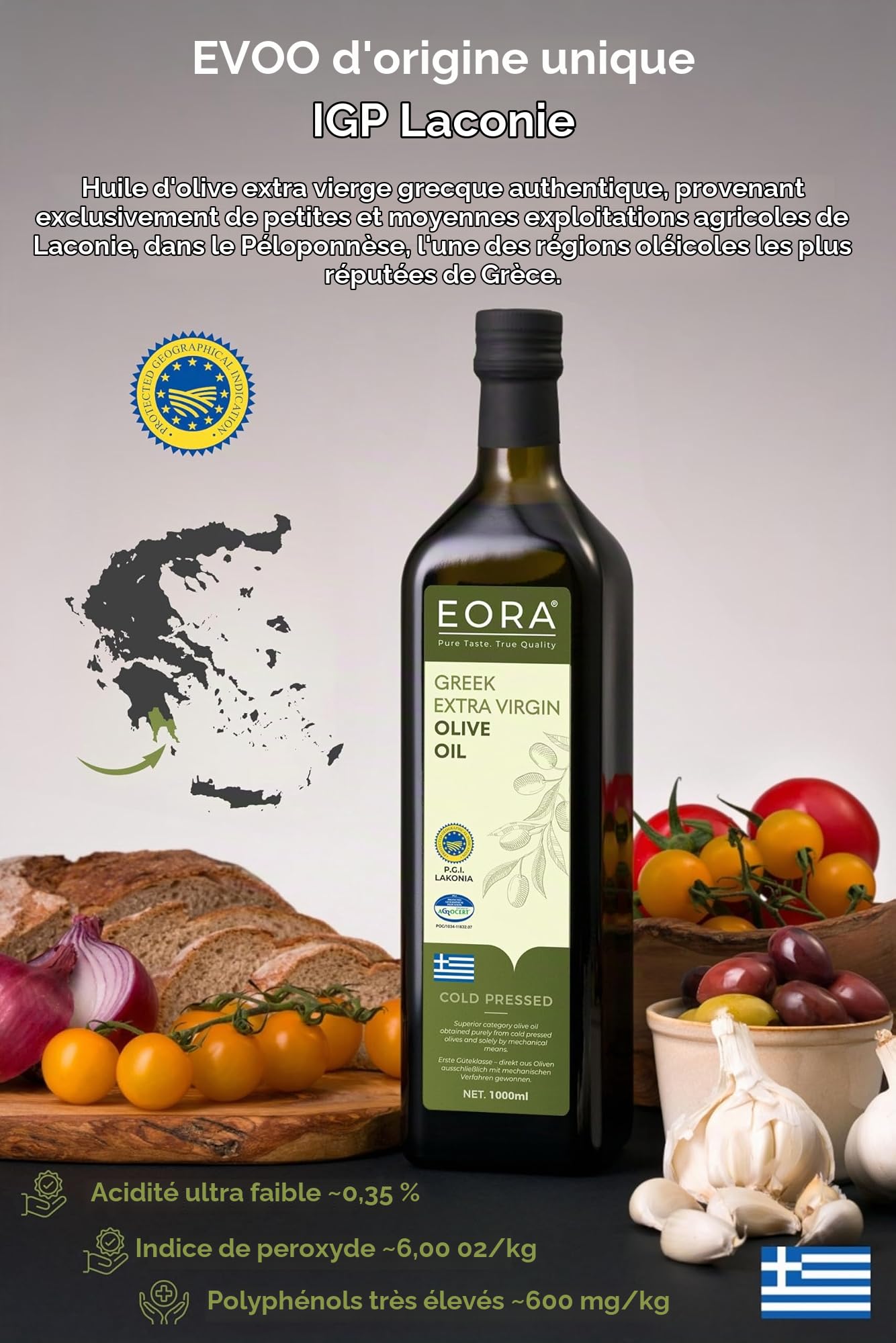 EORA Huile d’Olive Extra Vierge Grecque Premium 1L (Nouvelle Récolte 25/26) – Haute teneur en polyphénols, extraite à froid, très faible acidité ~0,35% – origine unique IGP Lakonie, Grèce