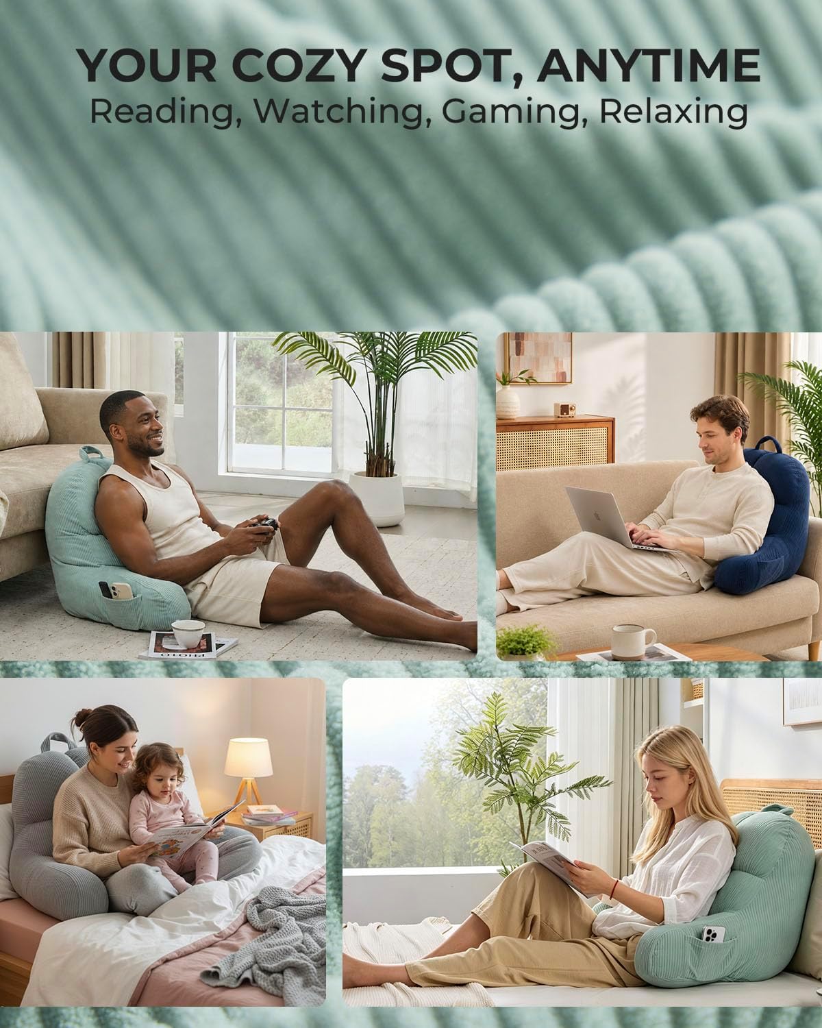 Reading Pillow for Bed with Arms, Corduroy Backrest, Adjustable Fill