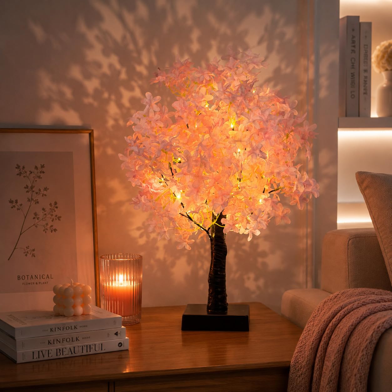 Luz nocturna de árbol rosa, lámpara ambiental de brillo suave para dormitorio, decoración romántica de mesa de cerezo, luz LED alimentada por USB para sala de estar, regalo para el día de San Valentín