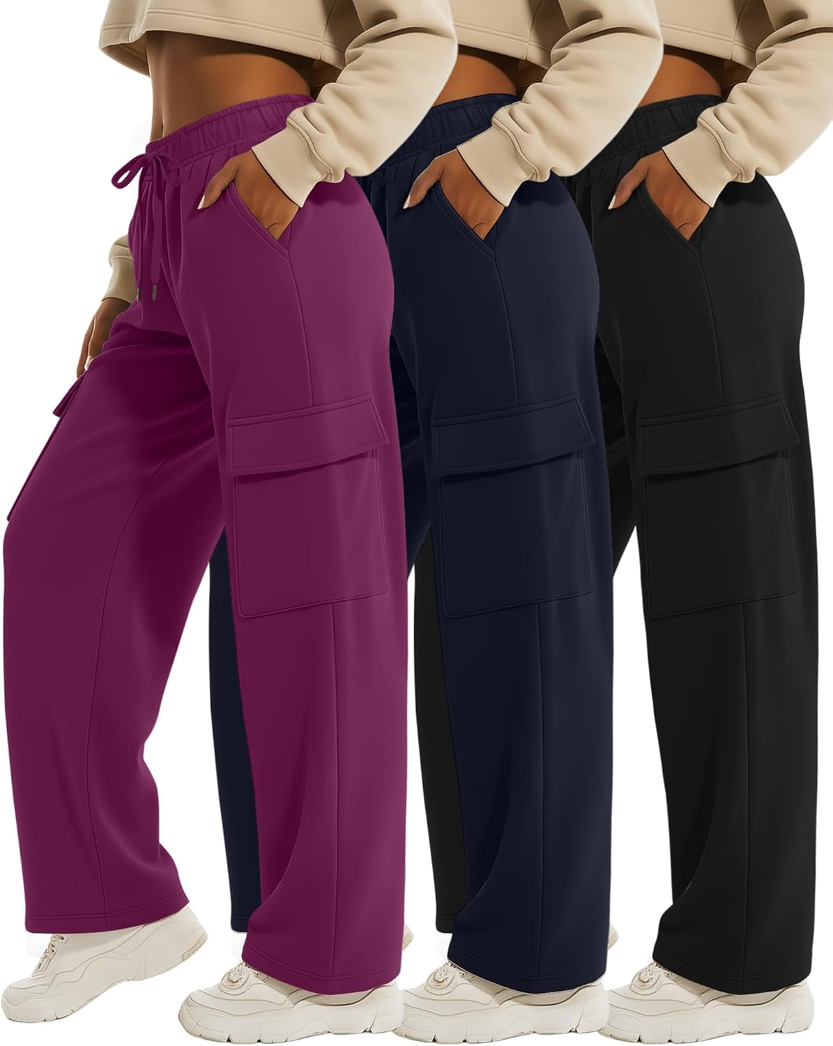 Velvelhall 3 Pack Women's Cargo Sweatpants Wide Leg Baggy Elastic Drawstring Pants Casual Athletic Joggers with 4 Pockets
