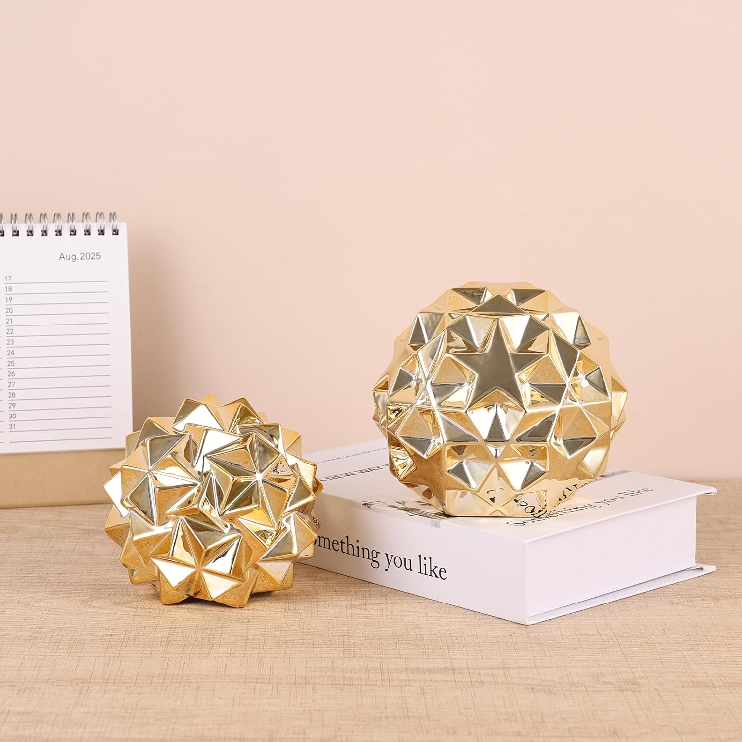 Gold Knot Orbs Ceramic 2PC Decorative Spheres Set - Modern Geometric Balls Centerpieces, Gold Balls Decor & Decorative Balls for Living Room Coffee Table, Office Desktop, Bookshelf & Bedroom