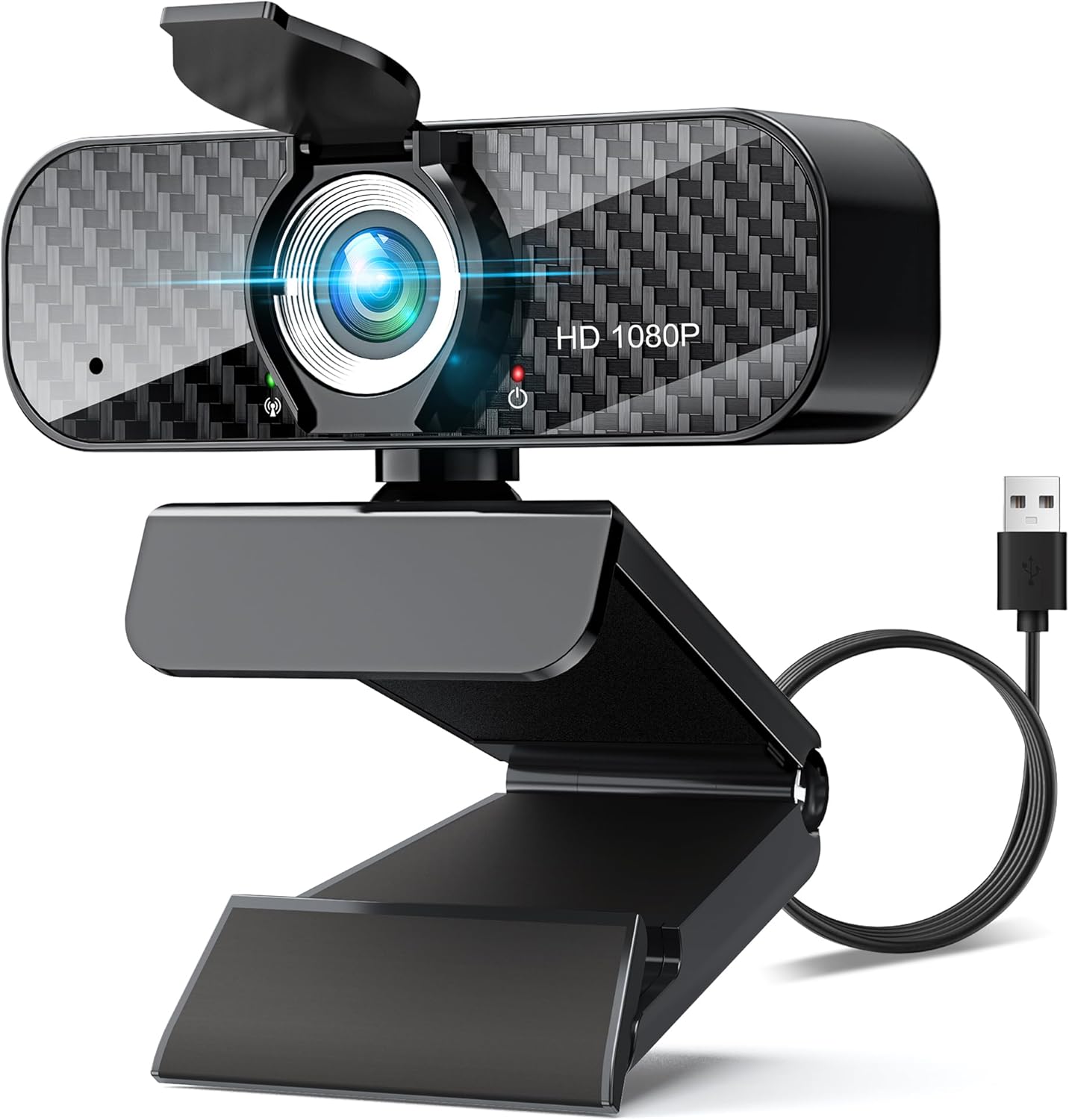 Webcam Full HD 1080P with Built-in Microphone and Rotatable Tripod, Carbon Fiber Board and Privacy Cover, Auto Light Correction, Adjustable FOV, Plug&Play for Zoom/Skype/Facetime/YouTube, Laptop/PC