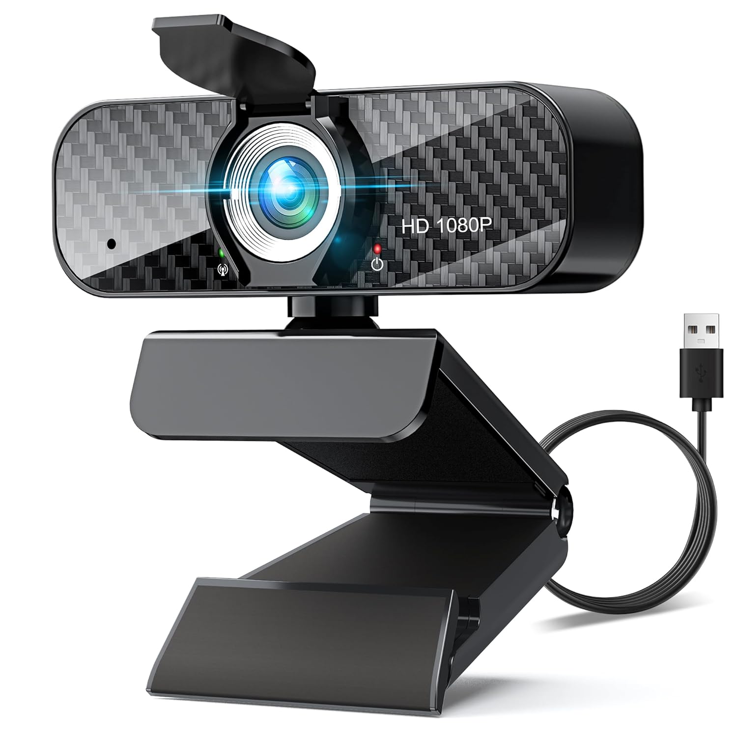 Webcam Full HD 1080P with Built-in Microphone and Rotatable Tripod Carbon Fiber Board and Privacy Cover Auto Light