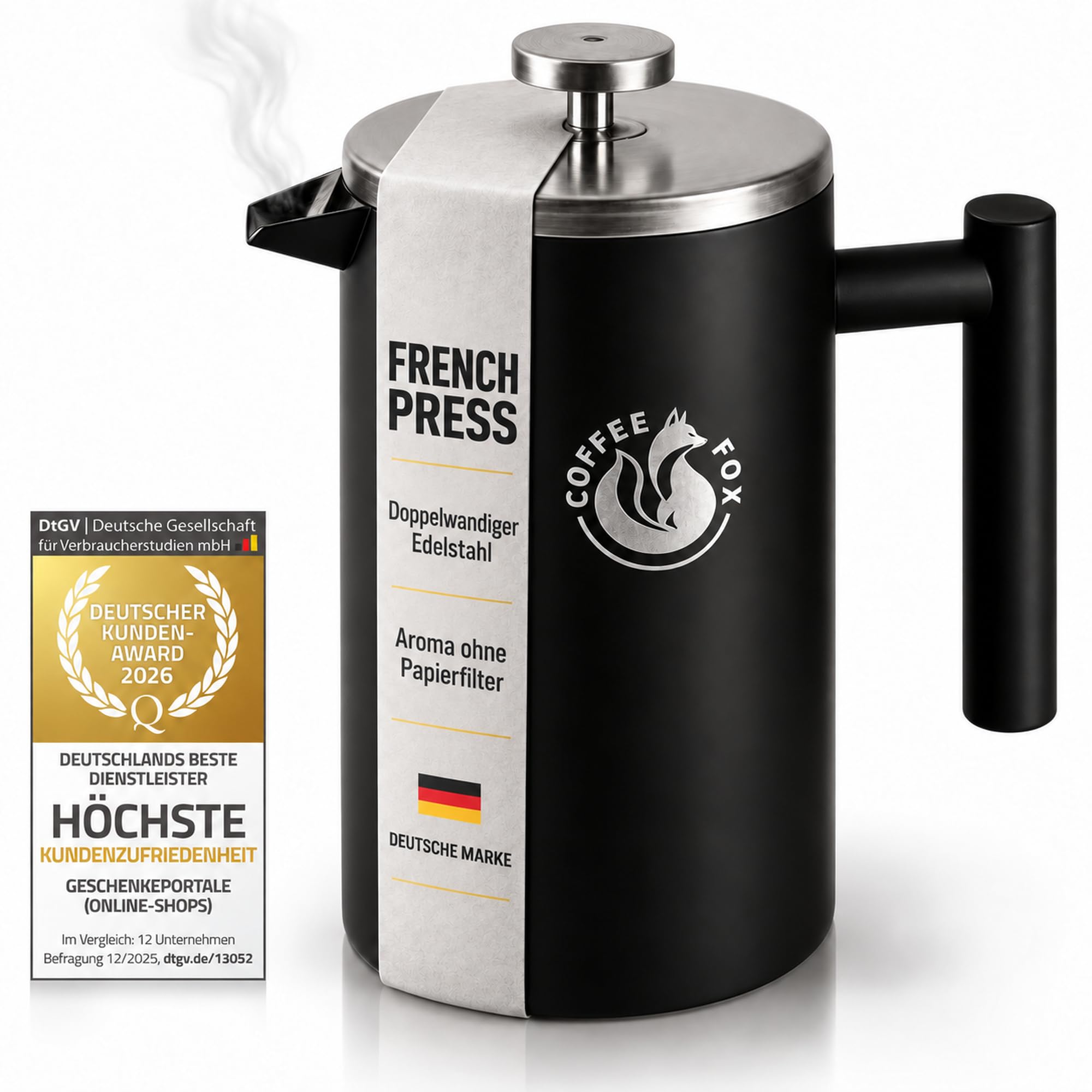 Coffee Fox® French Press 1 Liter Edelstahl, doppelwandiger Kaffeebereiter