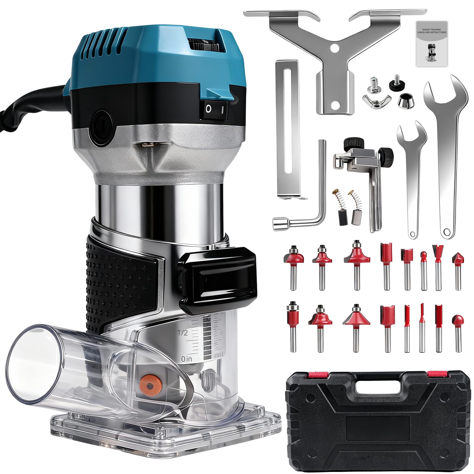 Fresadora de Madera Rebajadora Eléctrica 1000W 5000-30000RPM, 6 Velocidades Variables, 16 Piezas Brocas de 1/4'', Pinza de Base Fija de 6.35/8MM, para la Bricolaje Talla de Recorte