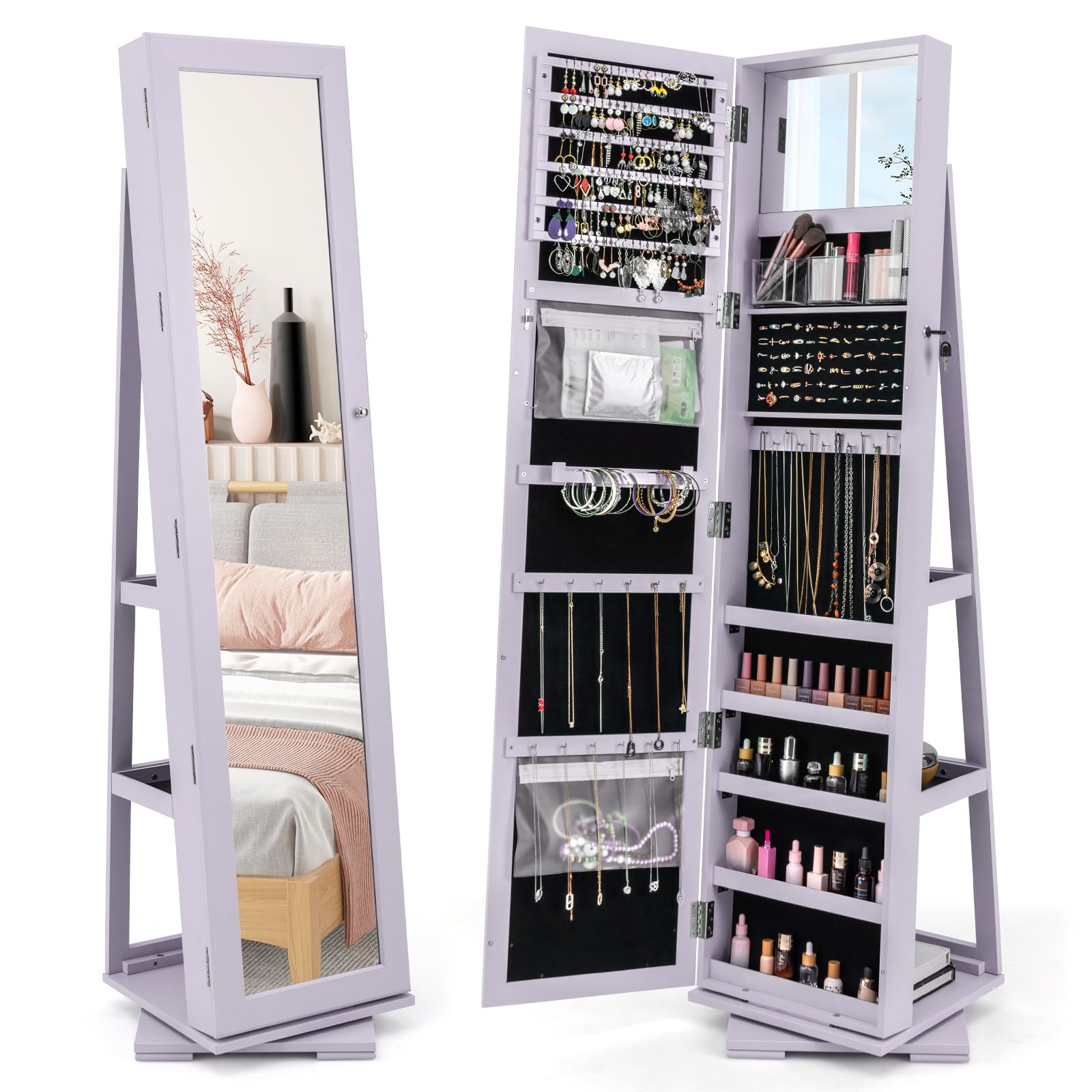 COSTWAY 3-in-1 Jewelry Cabinet, Lockable Jewelry Armoire Storage Unit with Full Length Mirror and Display Shelf, Home Bedroom Dressing Room Cosmetics Jewellery Organiser (360° Swivel Purple)