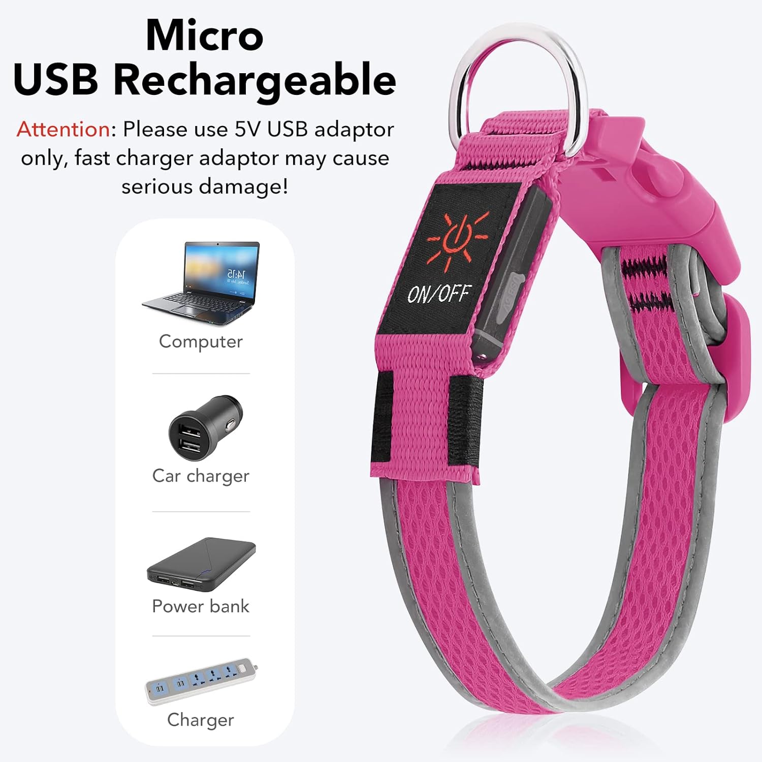 Colaseeme LED Dog Collar Light Up Dog Collars Micro USB Rechargeable Mesh Adjustable Plastic Buckle D Ring Glow Safety Basic Dog Collars for Dogs (L, Pink) : Pet Supplies